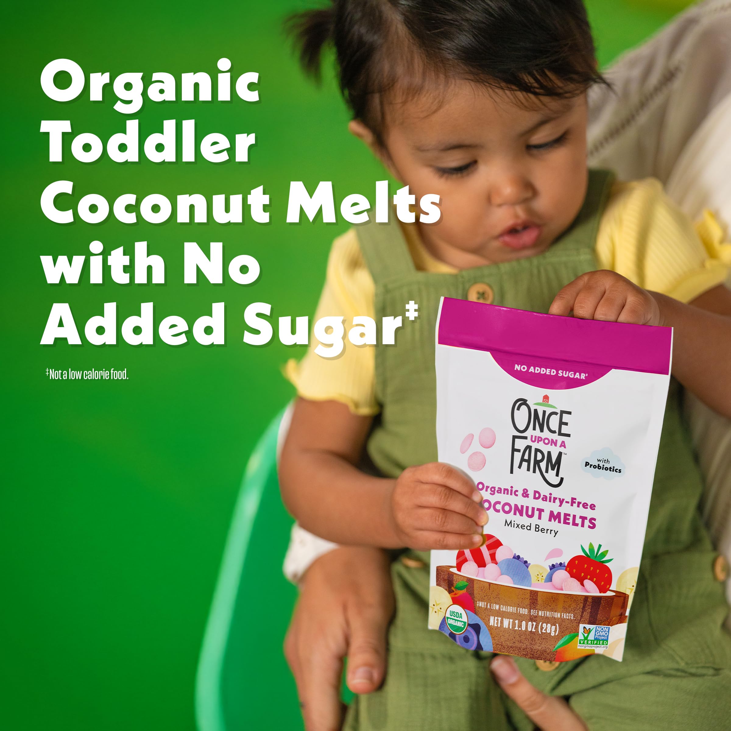 Once Upon a Farm coconut melts pack of 8 shown with wholesome fruit pieces.