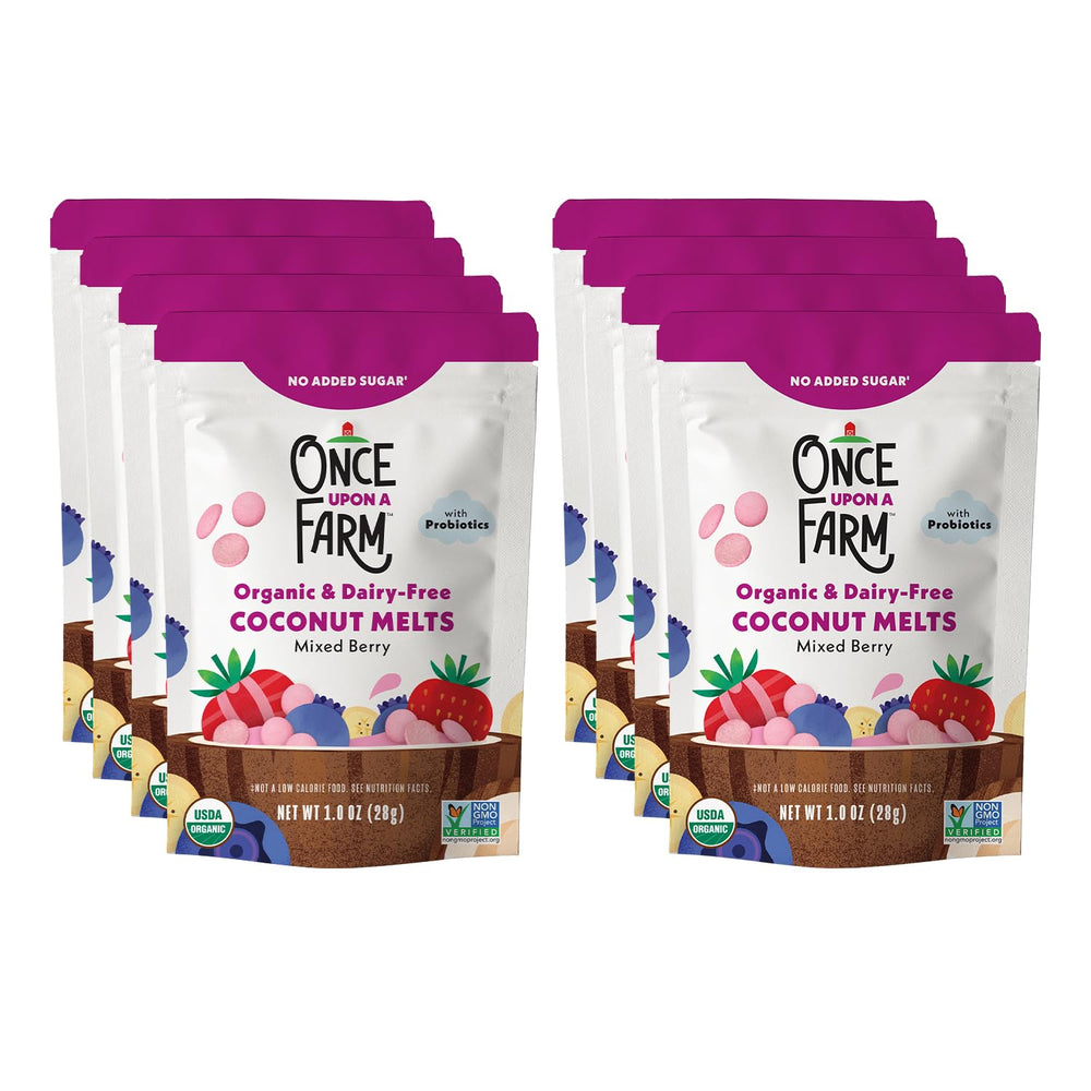 Once Upon a Farm coconut melts packaging with probiotics offers convenient on-the-go snack for toddlers.