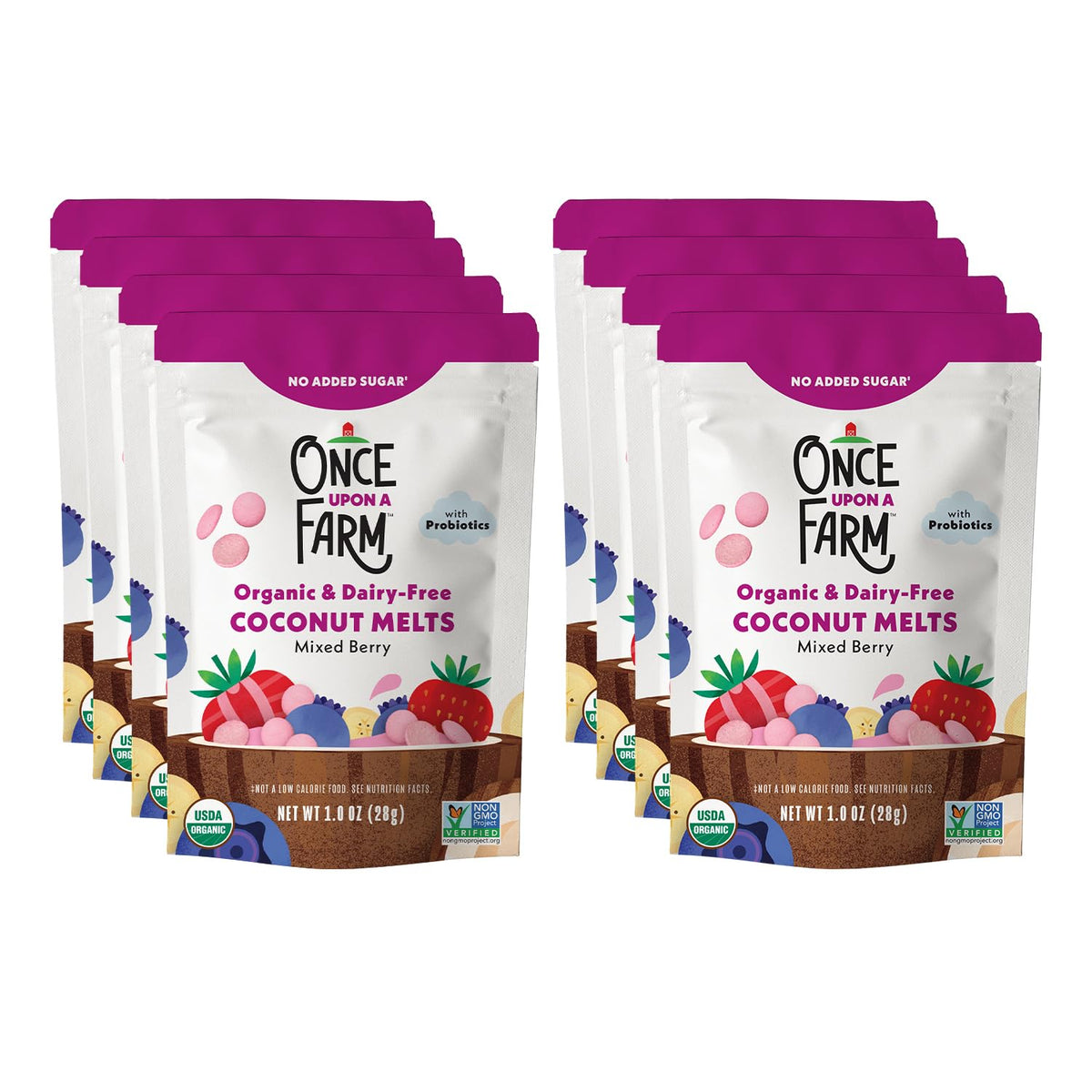 Once Upon a Farm coconut melts packaging with probiotics offers convenient on-the-go snack for toddlers.