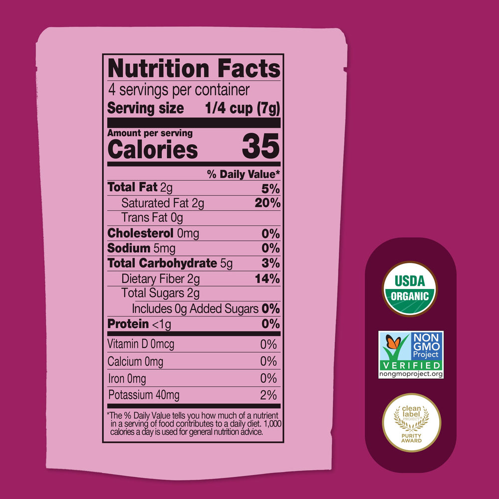 Once Upon a Farm dairy-free melts pantry bag display emphasizes mess-free, resealable storage.