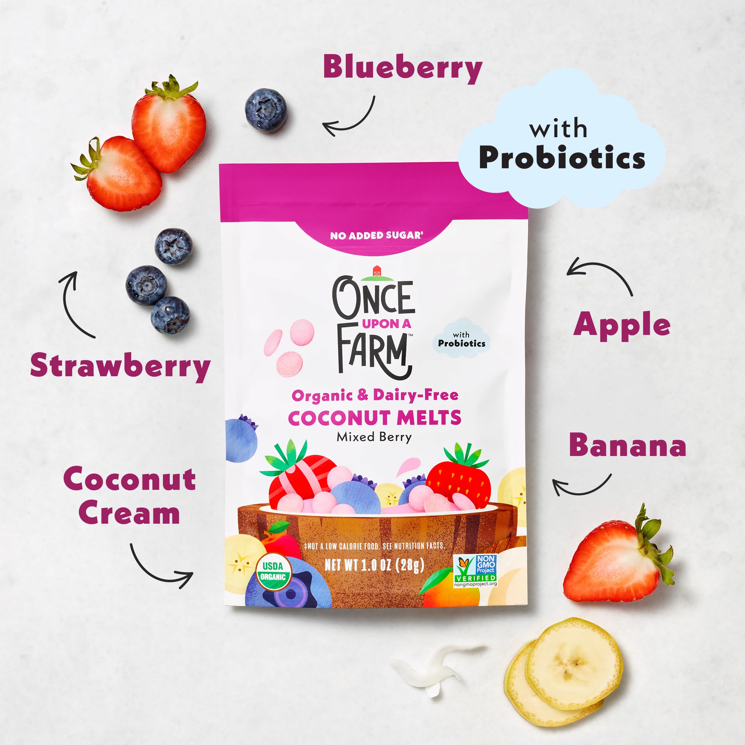 Once Upon a Farm coconut melts toddler-snack with probiotics for healthy gut support during new food adventures.