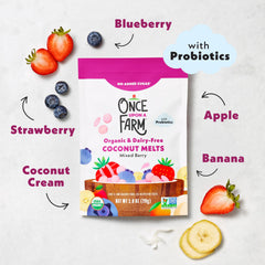 Once Upon a Farm coconut melts toddler-snack with probiotics for healthy gut support during new food adventures.
