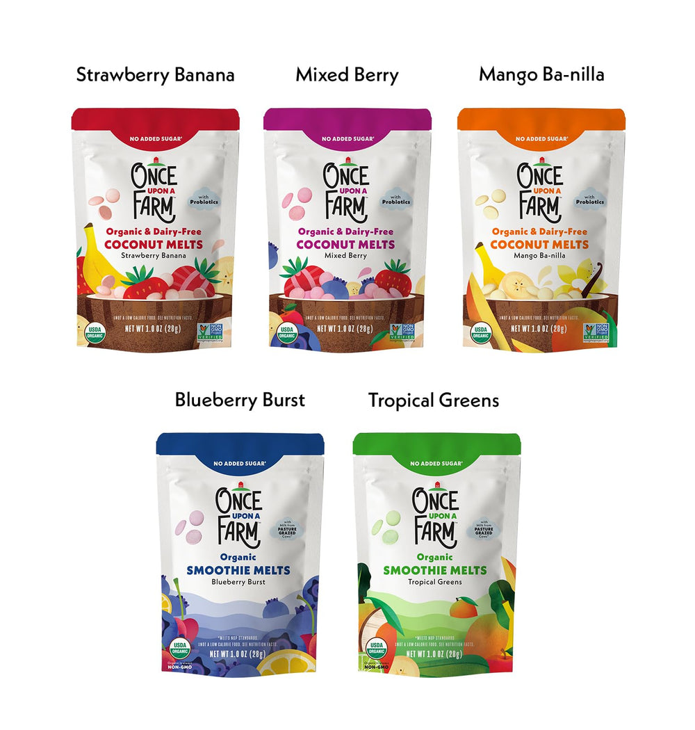 Once Upon a Farm mango-ba-nilla-coconut-melts close-up, creamy melt-in-your-mouth texture for tiny tasters