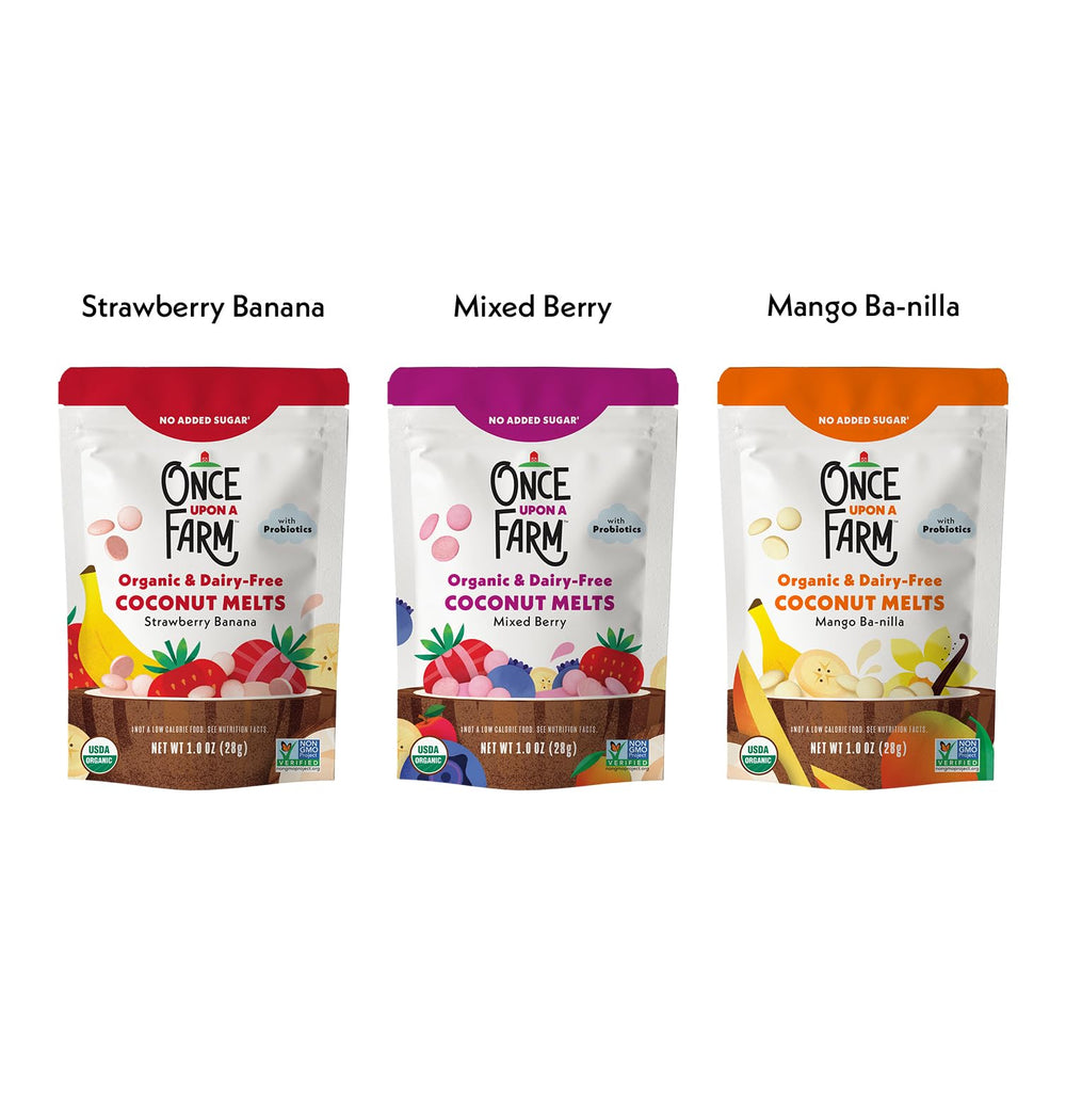 Once Upon a Farm Mango Carrot Coconut Puffs, fruity veggie bite for curious mouths