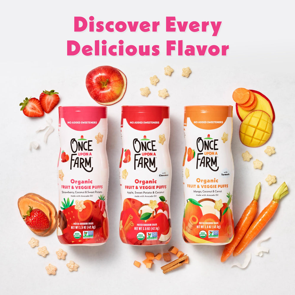 Once Upon a Farm Mango Carrot puffs offering bright color and easy grip