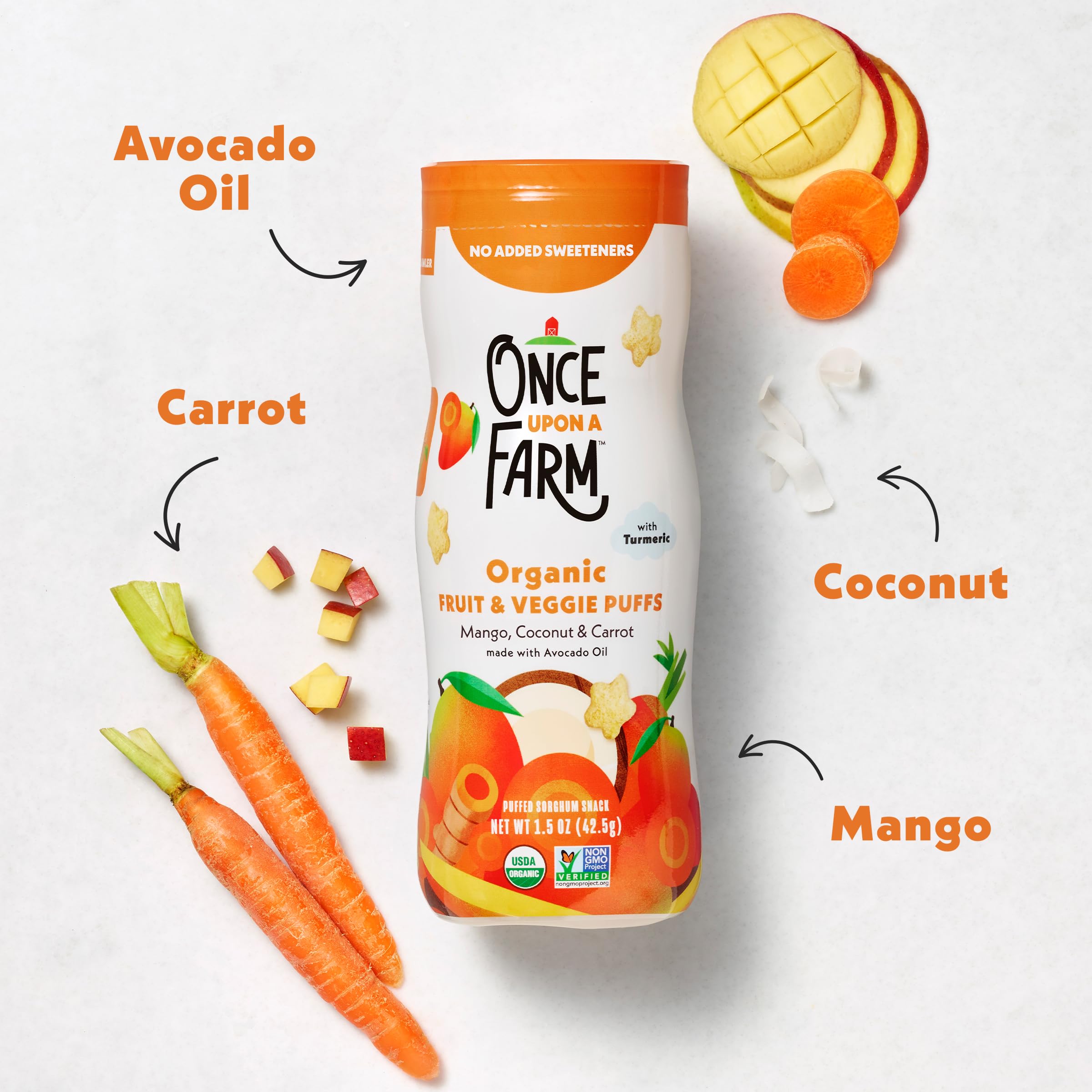 Once Upon A Farm mango coconut carrot puffs close-up highlighting natural fruit flavors.