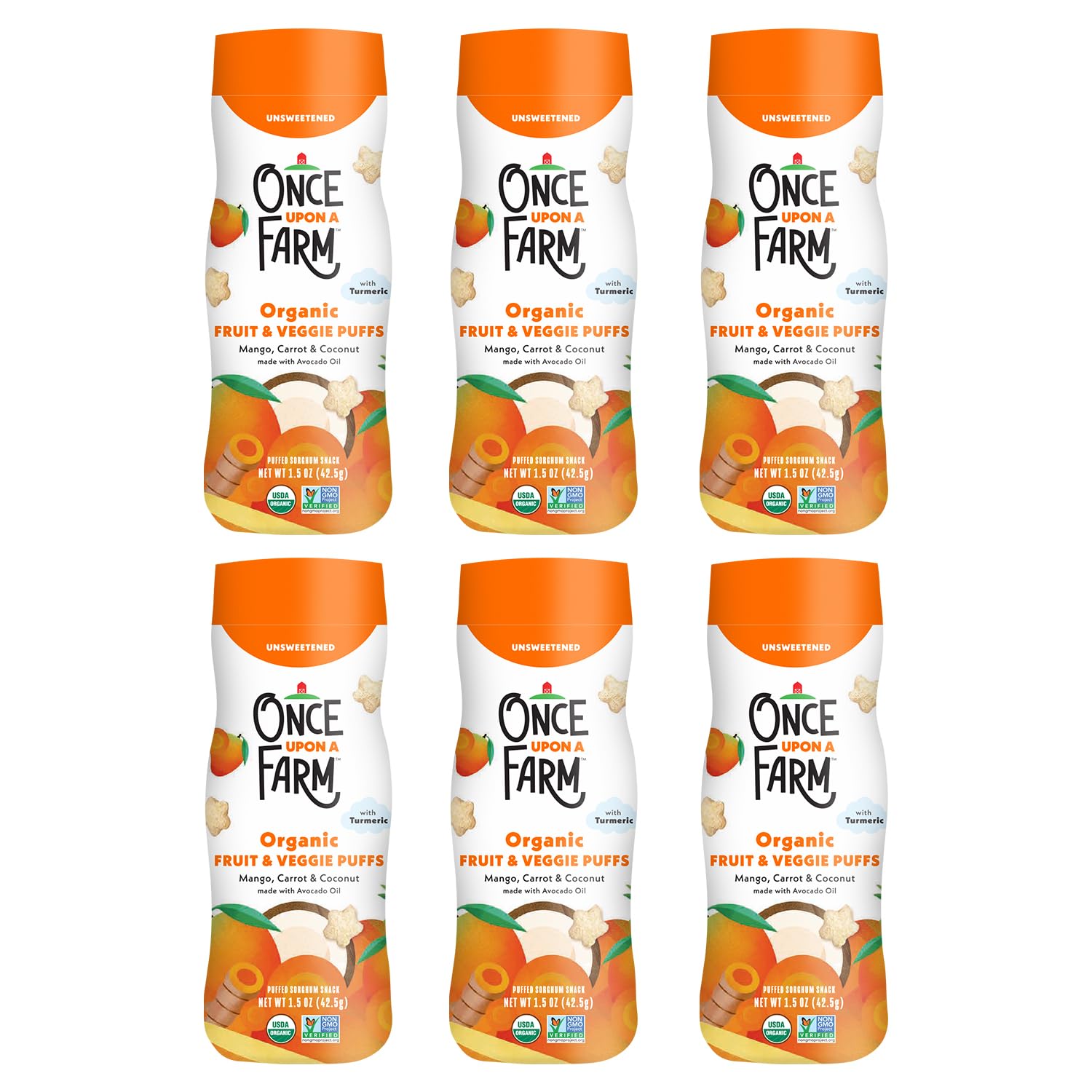 Once Upon A Farm pack front shows a 6-pack canister for easy portability.