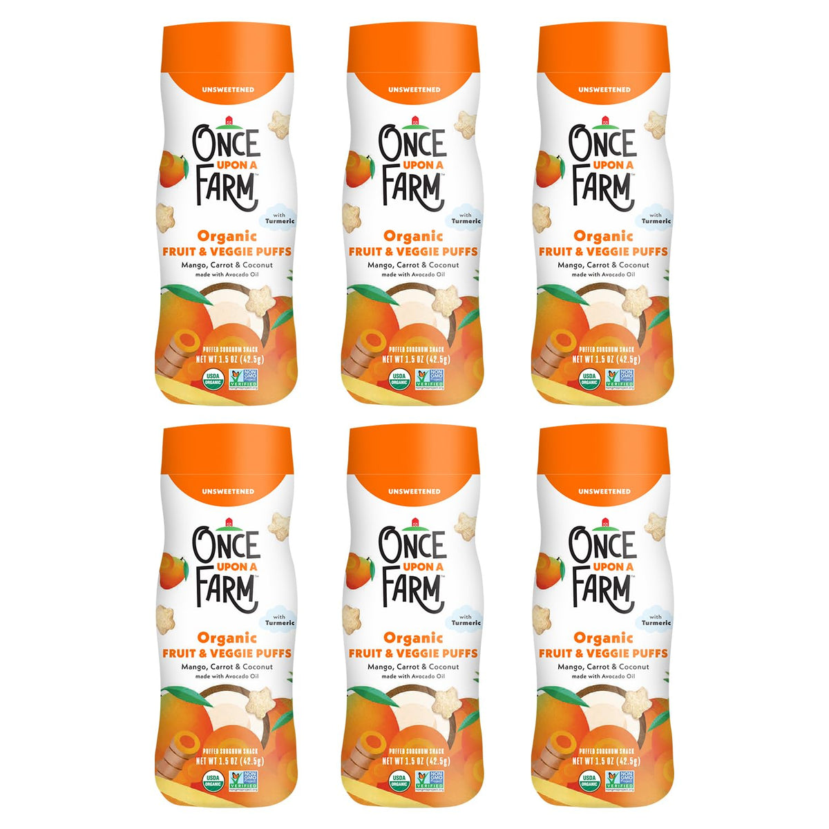 Once Upon A Farm pack front shows a 6-pack canister for easy portability.