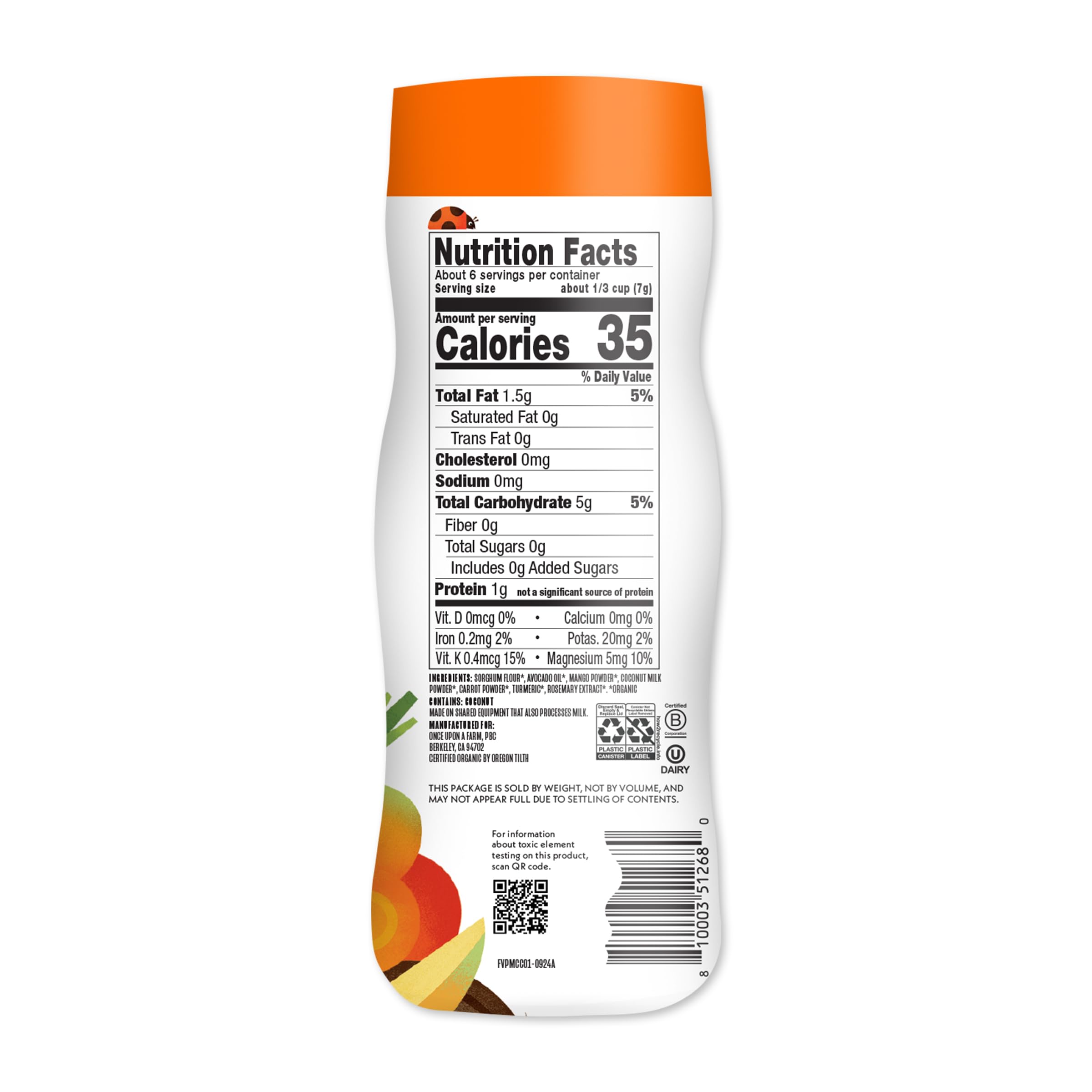 Once Upon A Farm puff snack canister close-up with airy texture for light snacking.