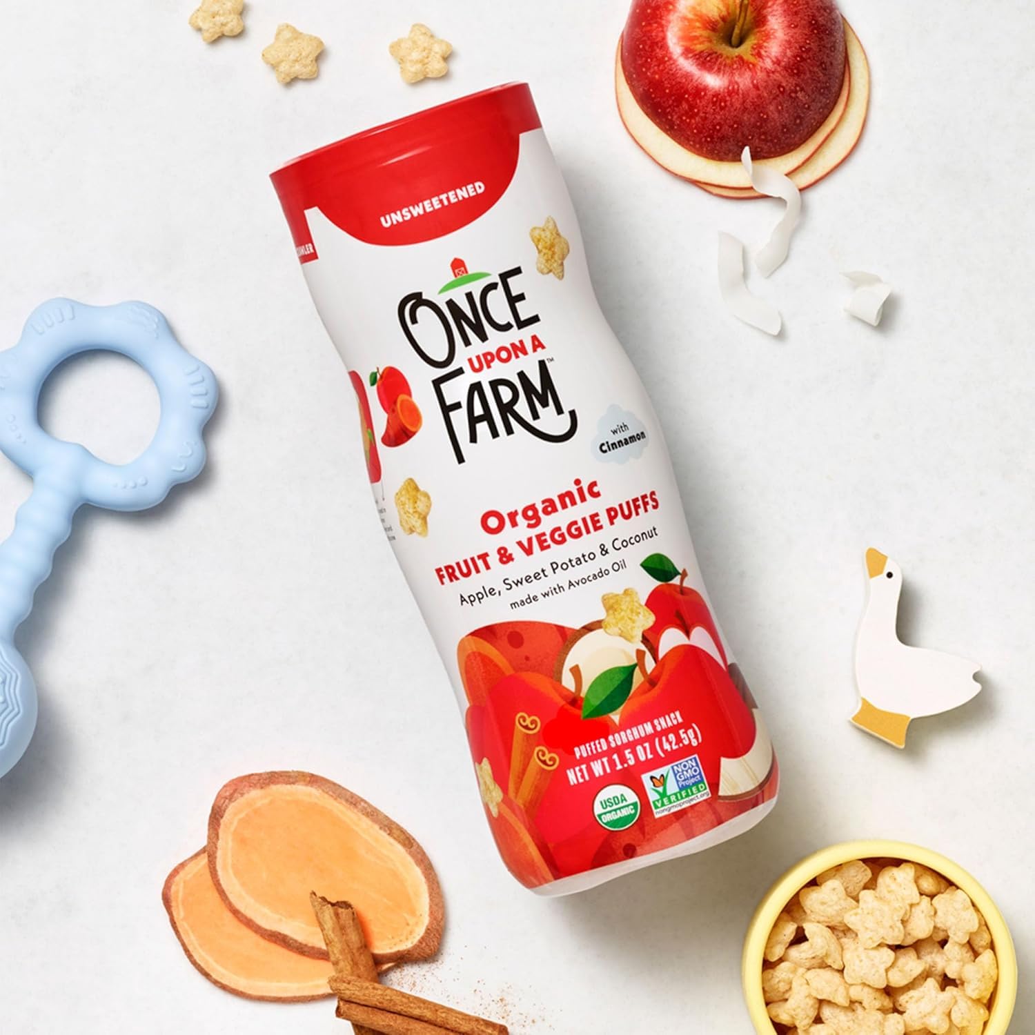 Once Upon a Farm puffs canister shown for pantry-safe, portable snacking