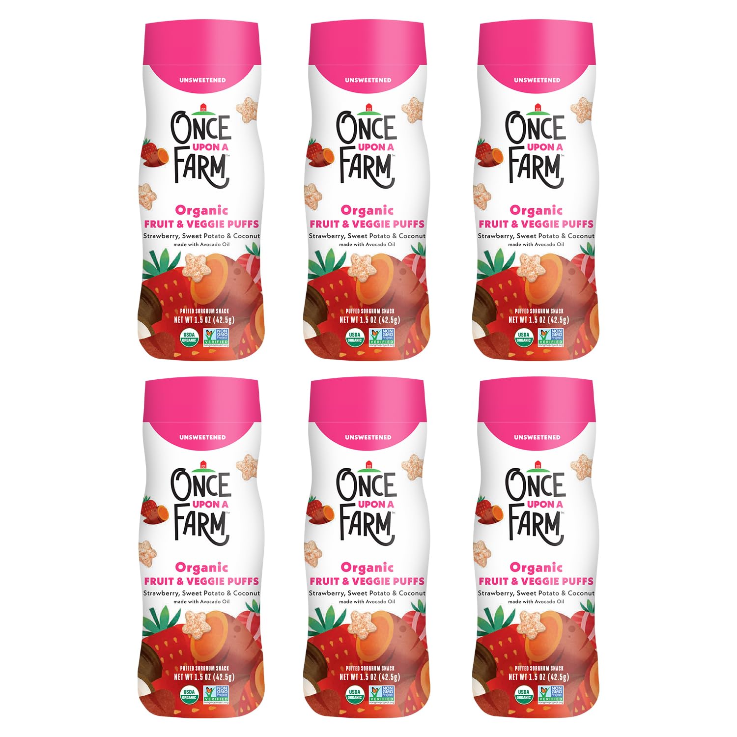 Once Upon a Farm strawberry coconut puffed sorghum snack packaging highlighting simple ingredients for babies.