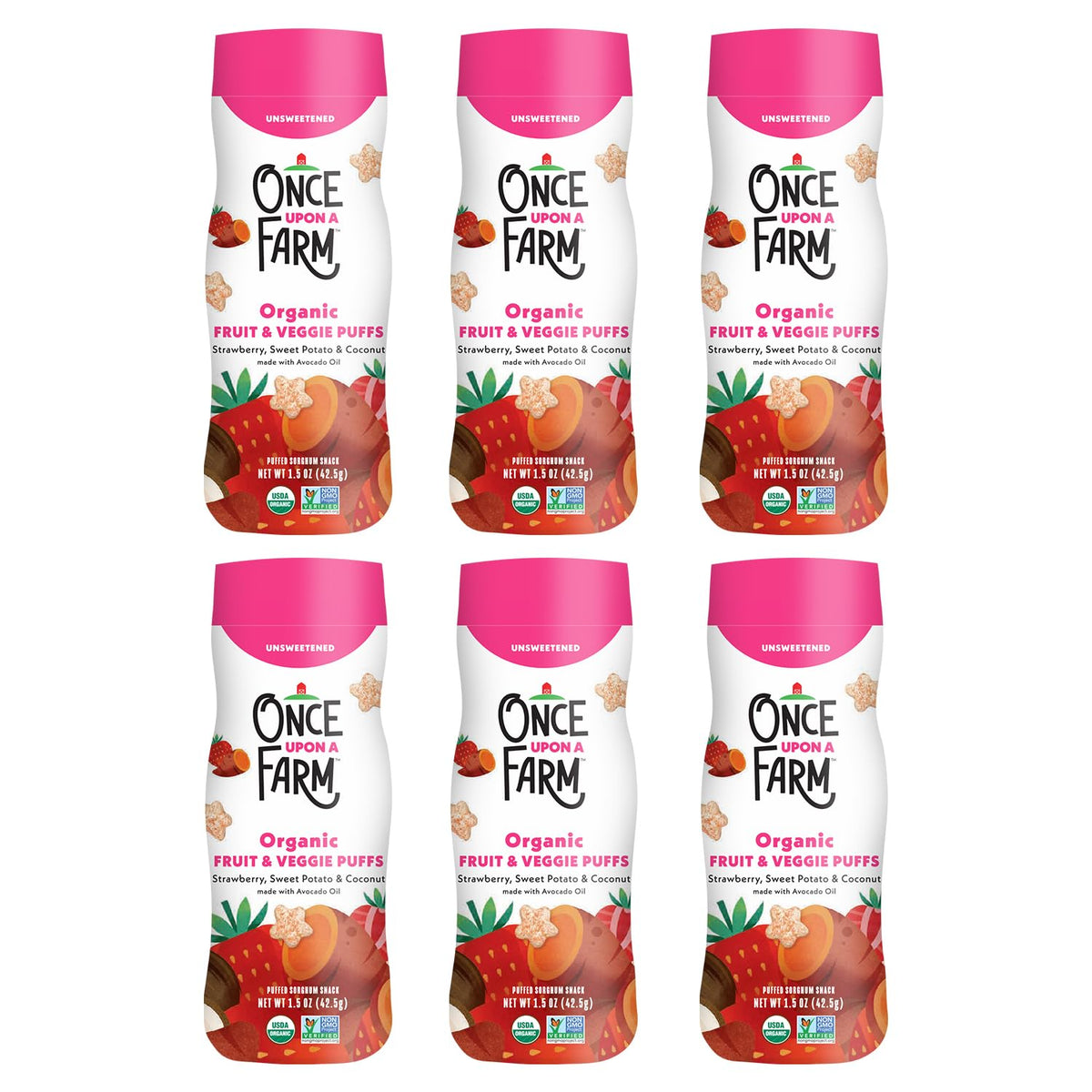 Once Upon a Farm strawberry coconut puffed sorghum snack packaging highlighting simple ingredients for babies.