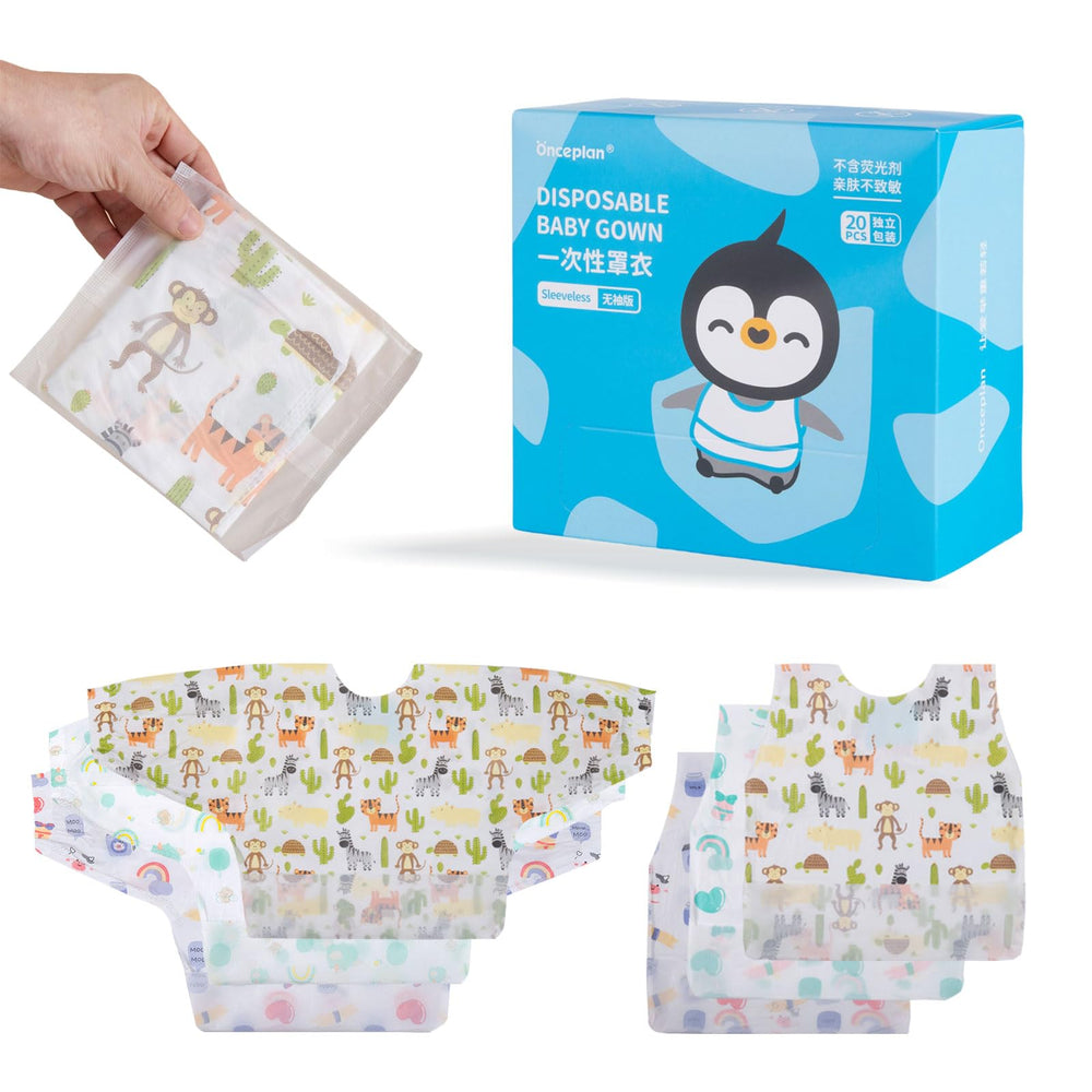 Onceplan Disposable Baby Gown with Animal Forest design keeps outfits clean during meals.