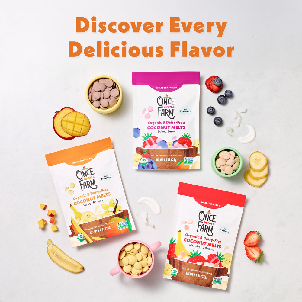 Once Upon a Farm kosher certified coconut melts for mindful toddler snacking routines.