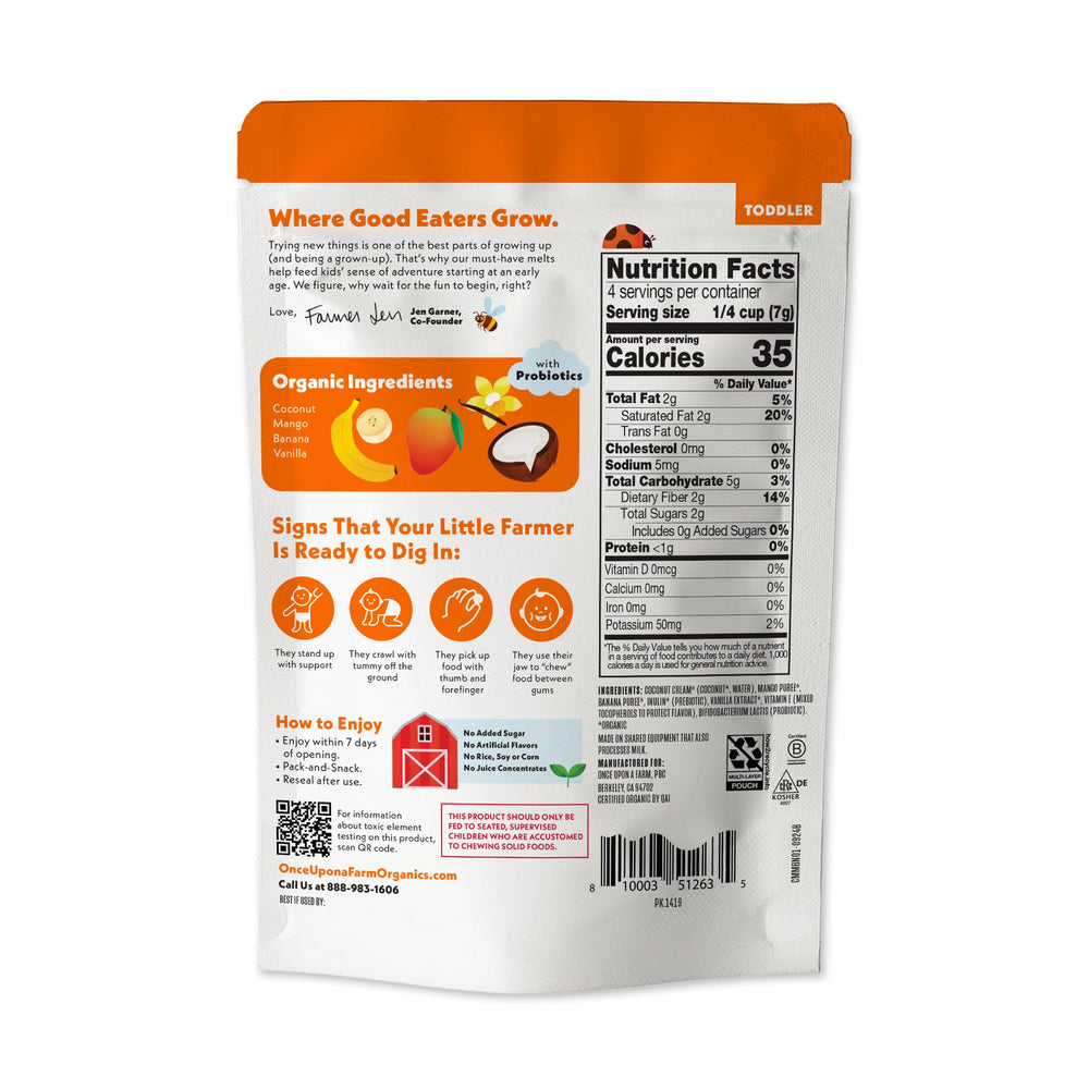 Once Upon a Farm organic coconut melts closeup showing probiotic dots and chewy texture.