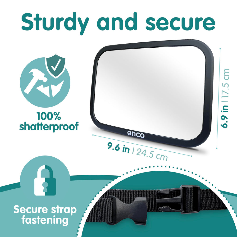 Onco baby car mirror wide convex view covers almost the entire backseat.