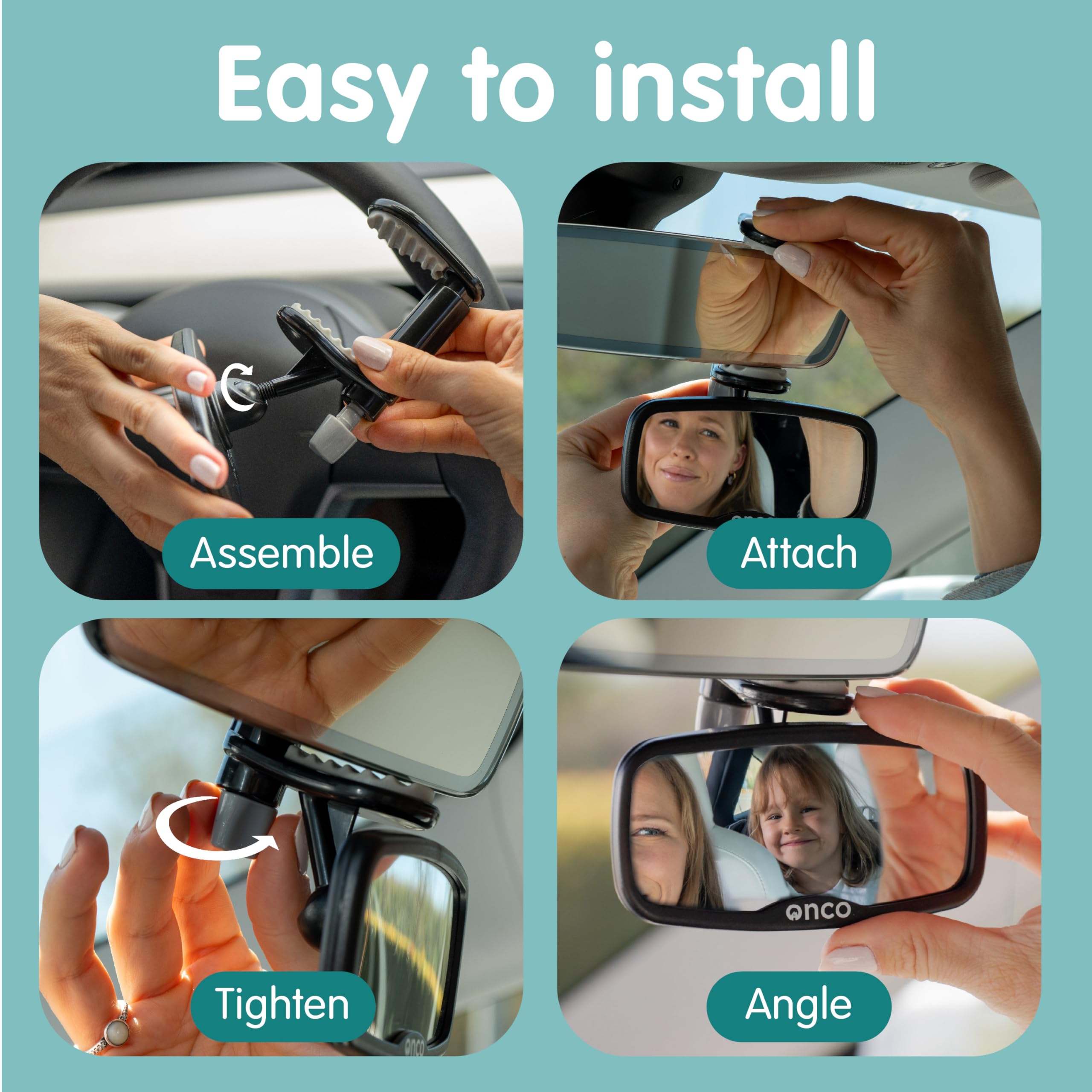Onco backseat mirror clips onto any rearview for wide monitoring.