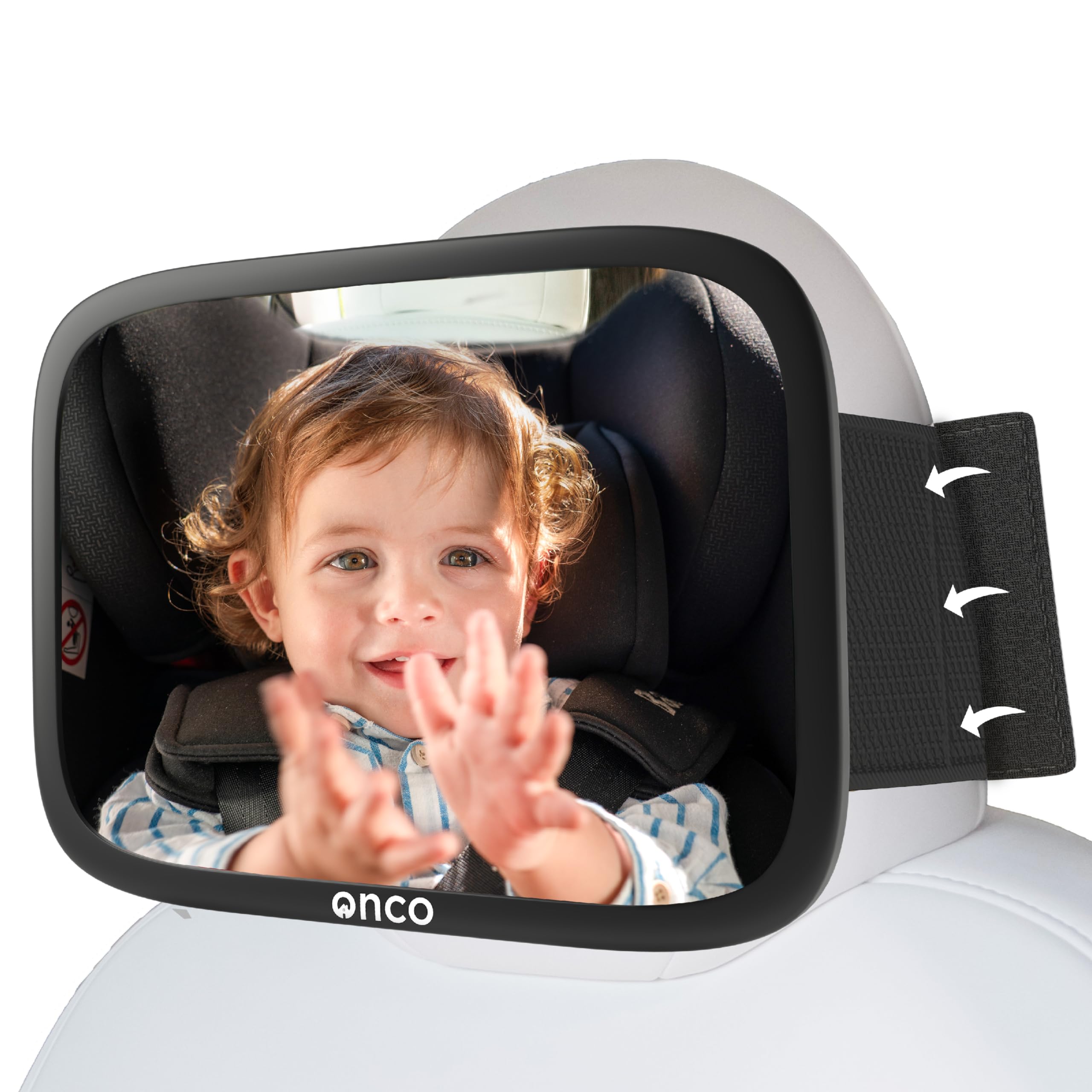 Onco fixed headrest baby mirror securely attaches to a Tesla headrest for clear rear view