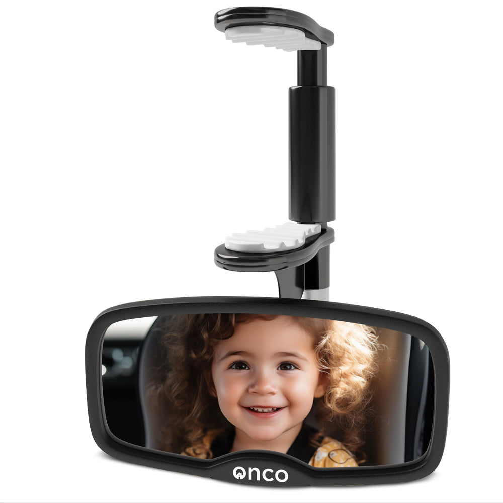 Onco forward-facing clip-on car mirror provides a clear view of baby.