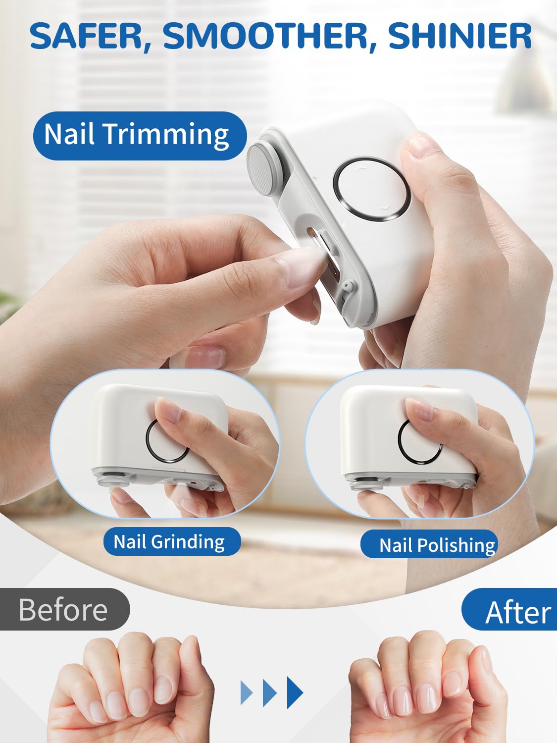 ONEDONE Electric Nail Clipper blades close-up highlighting safe recessed cutters for gentle trims