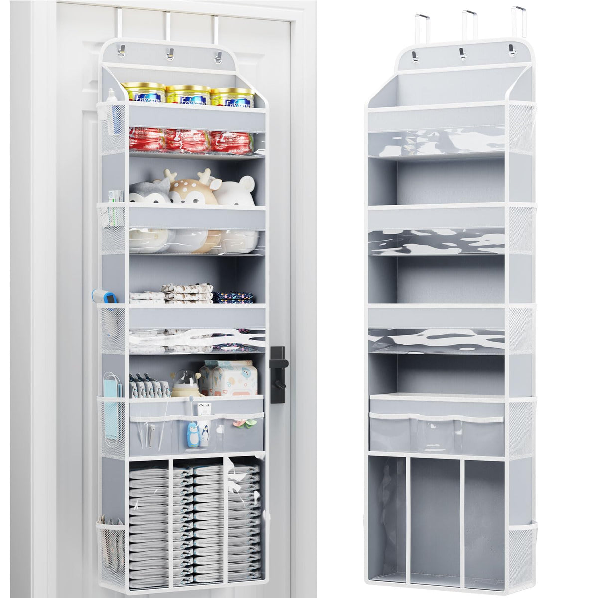 OneDream over-the-door organizer front view in nursery, showing clear pockets for quick access
