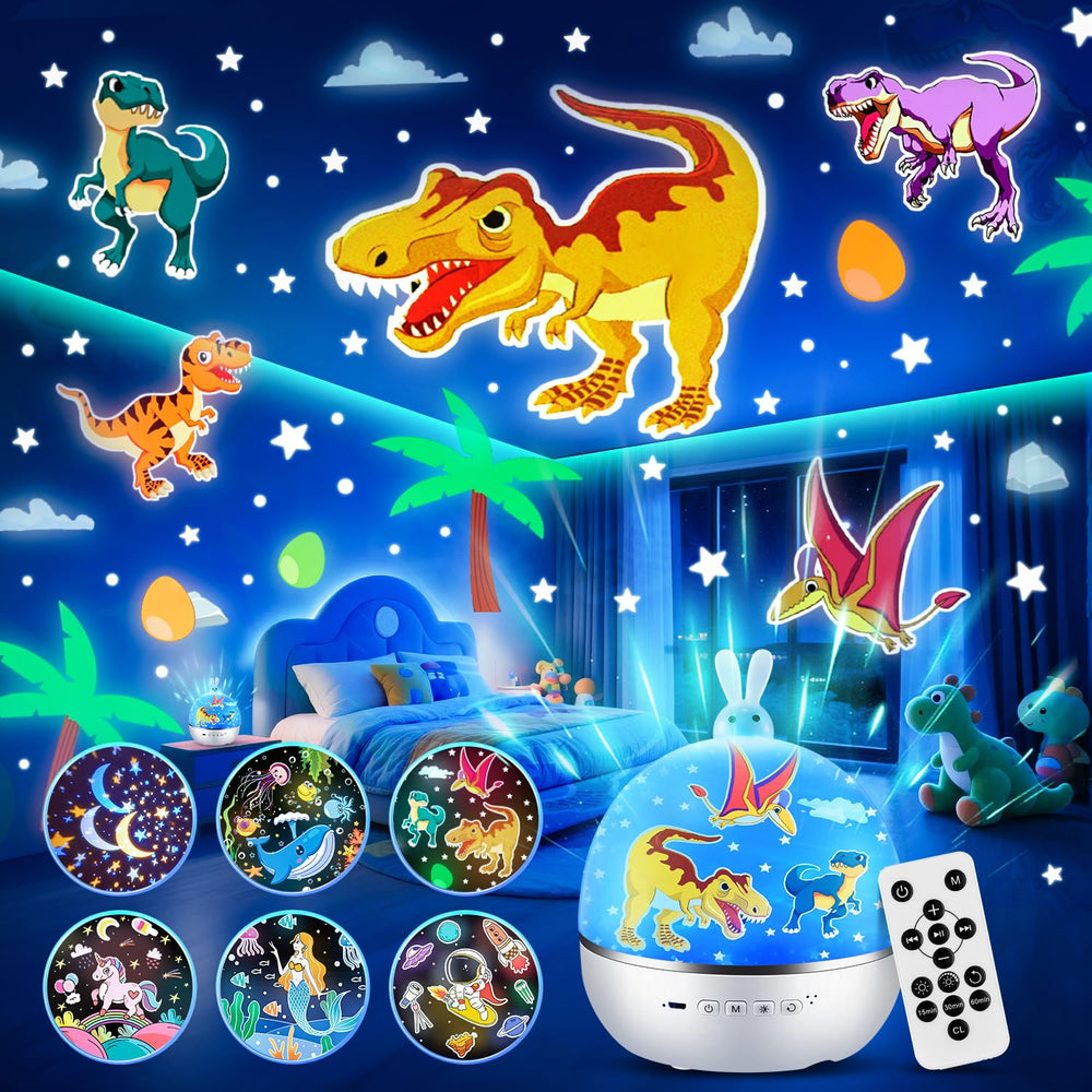 One Fire dinosaur night light projector casts a moon projection for soothing bedtimes