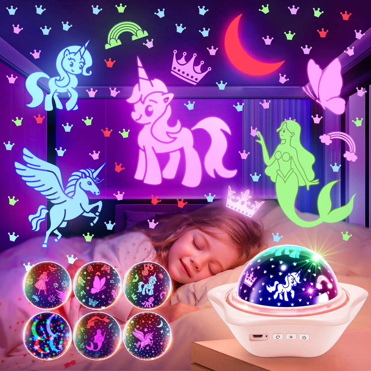 One Fire unicorn night light projector with six films for a magical bedtime