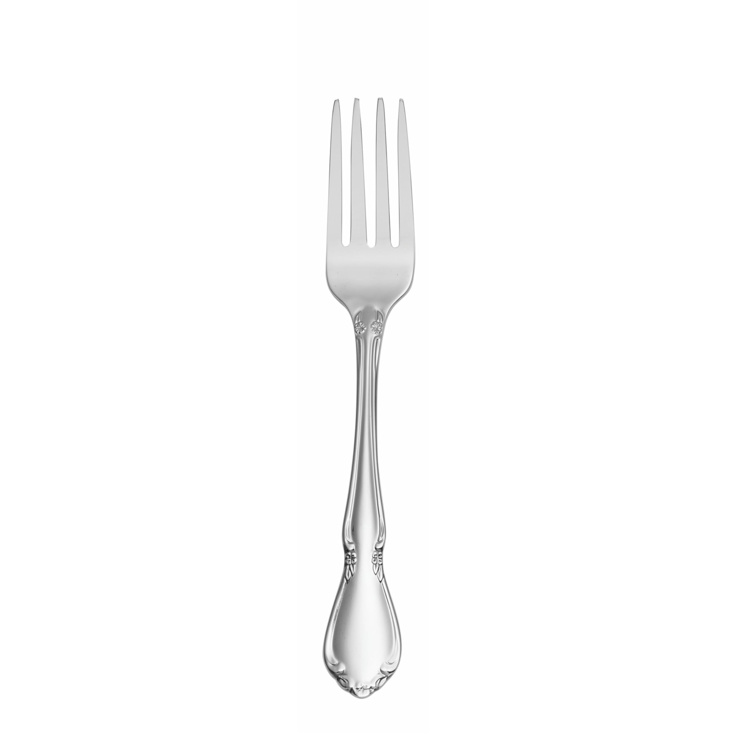 Oneida Chateau flatware pattern detail highlights mirror finish and elegant floral scrolls.