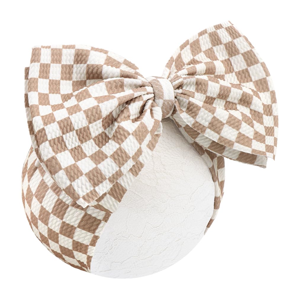 ONENINEDREAM 7'' checkered khaki bow headband for baby girls offering soft, breathable comfort for daily wear