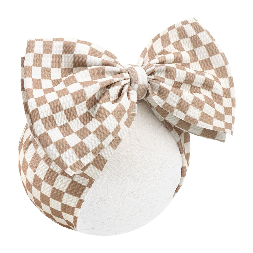 ONENINEDREAM 7'' checkered khaki bow headband for baby girls offering soft, breathable comfort for daily wear