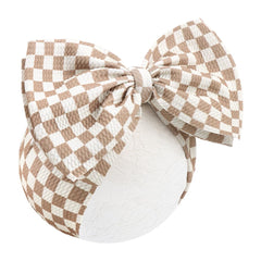 ONENINEDREAM 7'' checkered khaki bow headband for baby girls offering soft, breathable comfort for daily wear