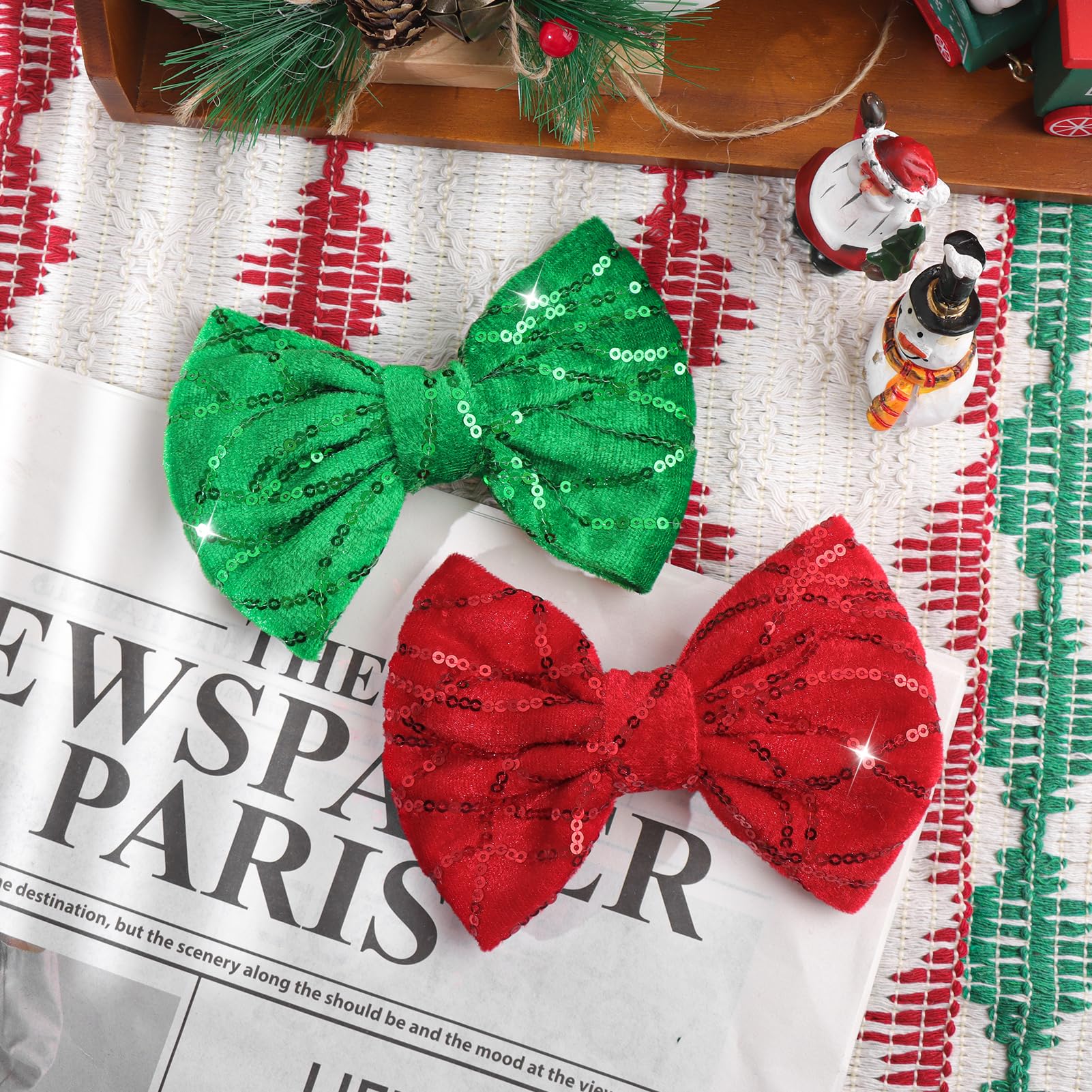 Close-up: handmade red-green sequins on ONENINEDREAM clip sparkle in holiday lighting.