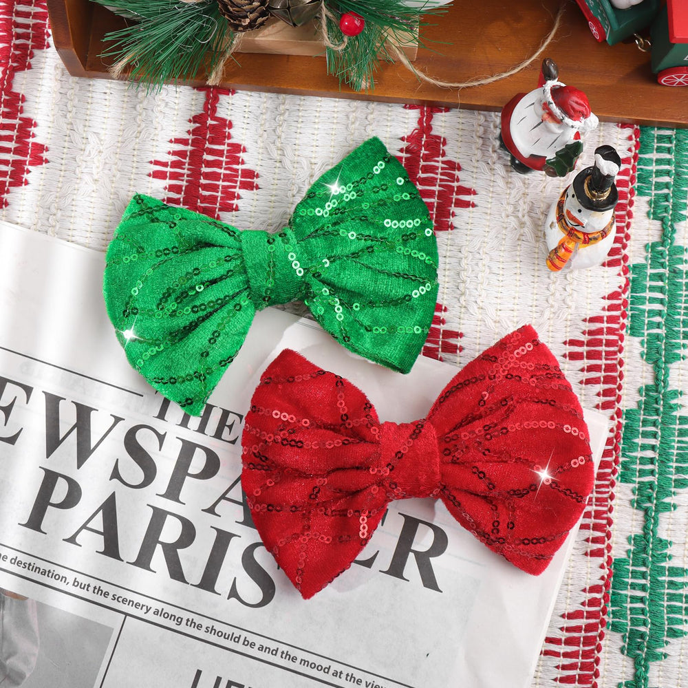 Close-up: handmade red-green sequins on ONENINEDREAM clip sparkle in holiday lighting.