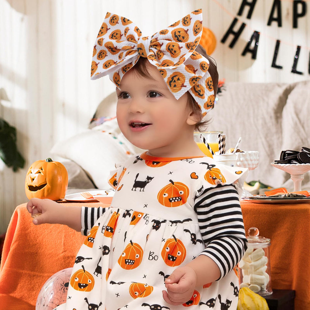 ONENINEDREAM Thanksgiving headband with pumpkin-pattern bow pairs with seasonal outfits