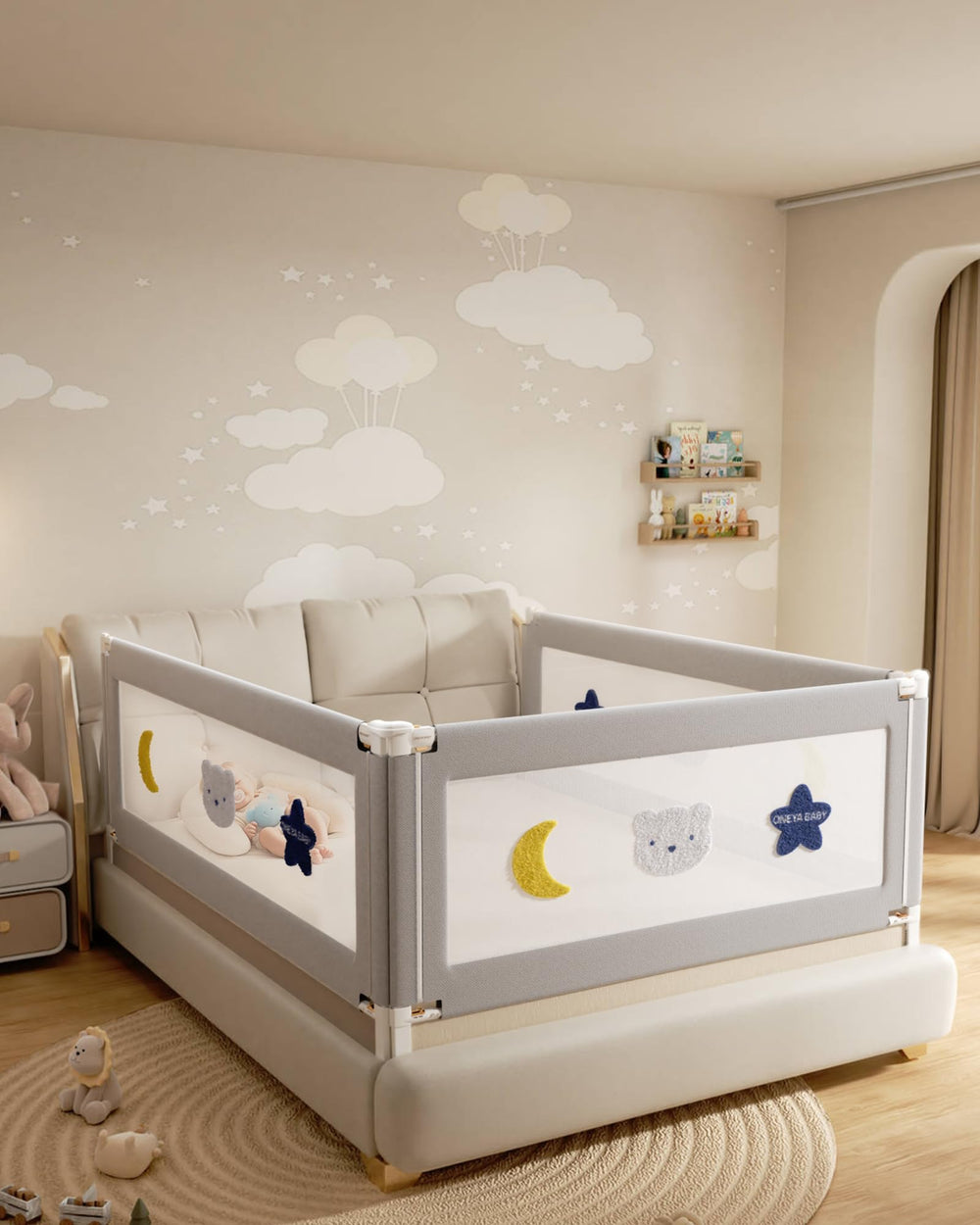 ONEYA BABY 54in bed rail guard keeps toddlers secure during sleep transitions.