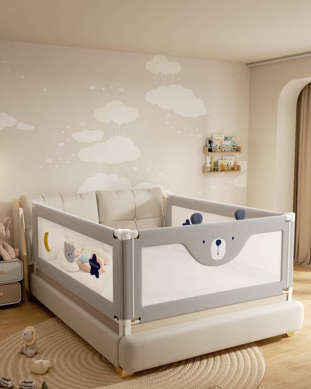 ONEYA BABY bed rails with grey bear design, side view, sturdy and safe for bedtime routines.