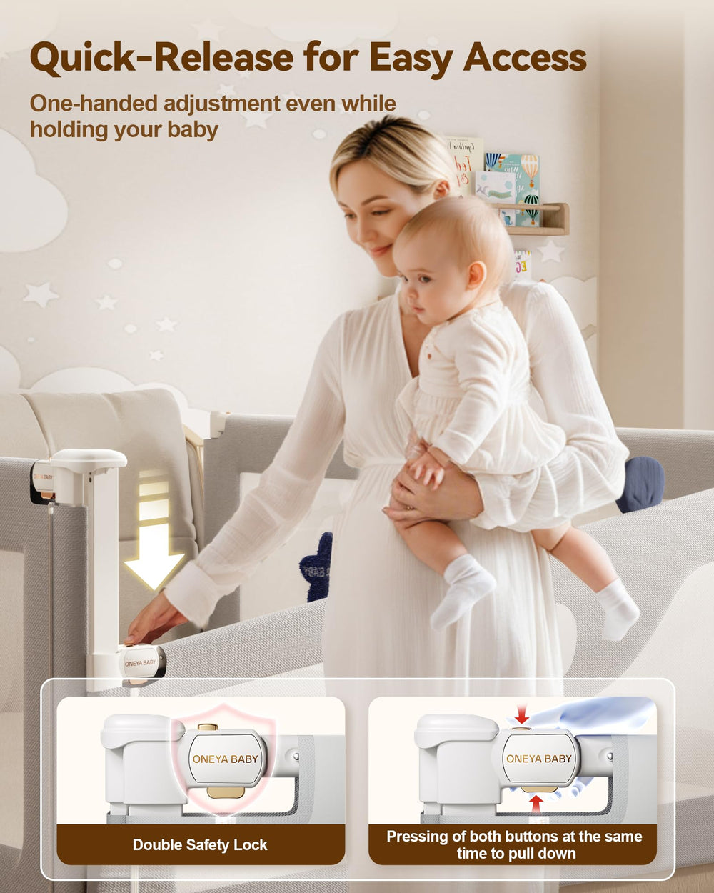 ONEYA BABY bed rails compatible with full, queen, and king beds for flexibility.
