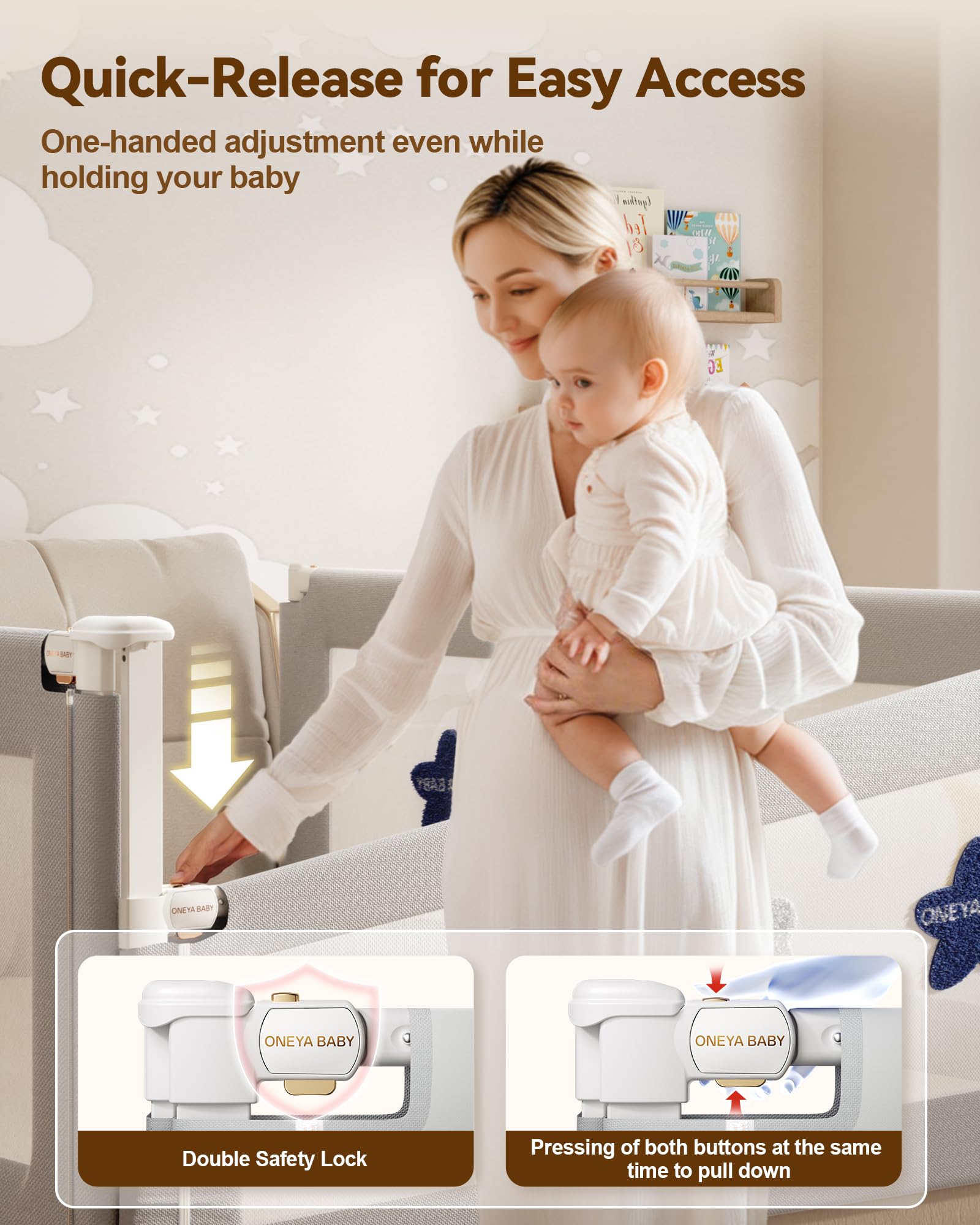 ONEYA BABY machine-washable cover keeps the rail clean and fresh.