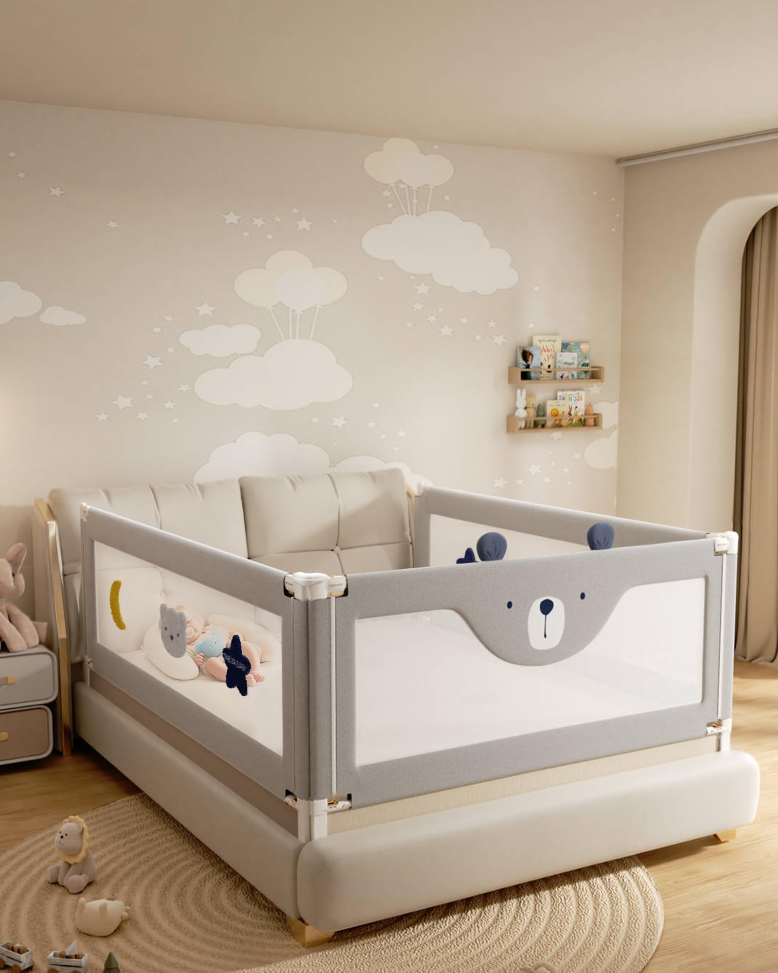 Oneya Baby queen bed rails with nail-free installation for safe setup.