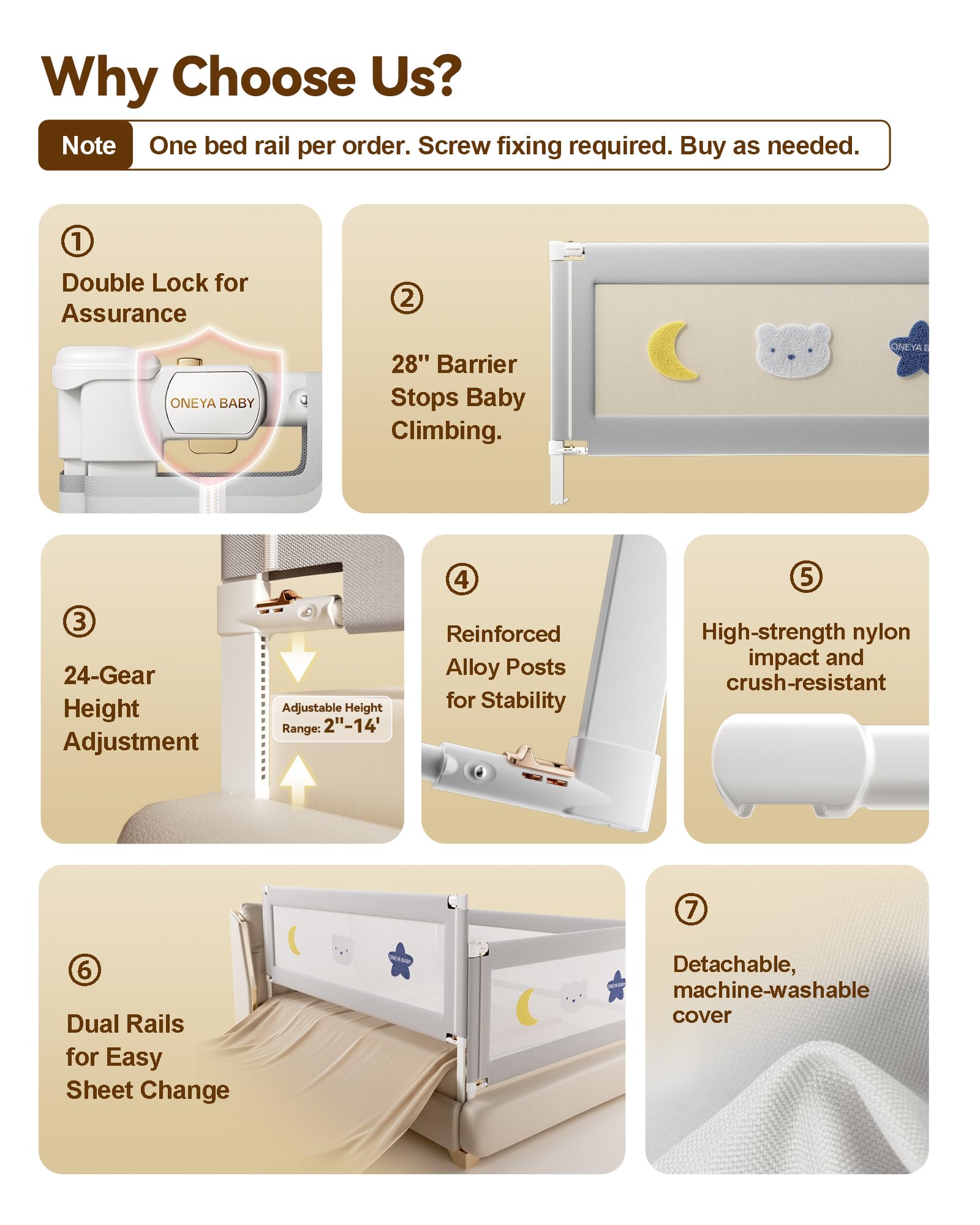 ONEYA BABY single-side lift rail simplifies sheet changes and access.