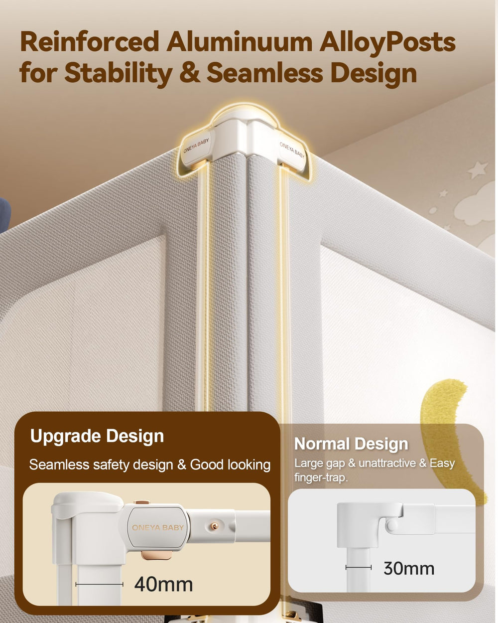 Oneya Baby thickened carbon steel rails offer sturdy, long-lasting protection.