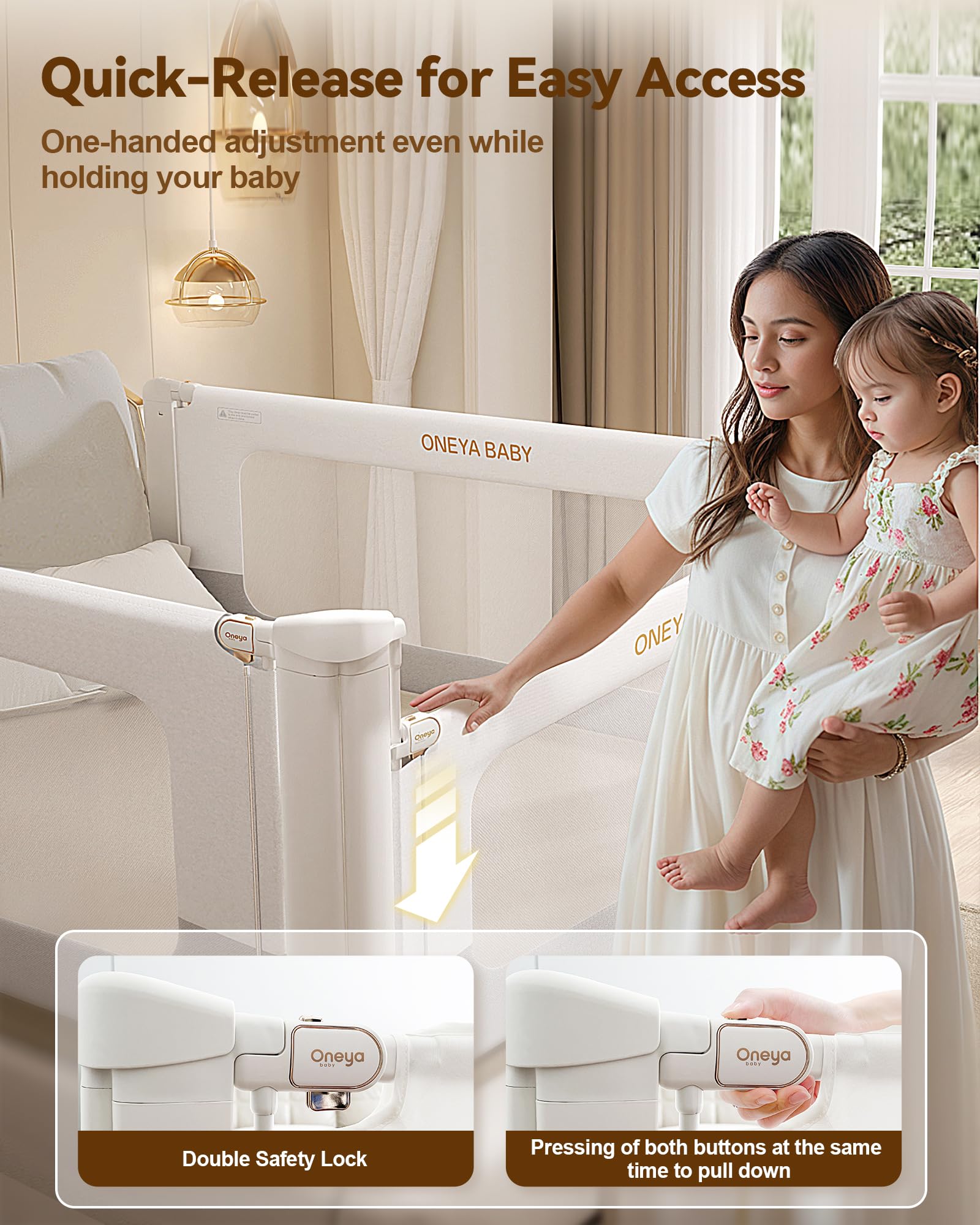 ONEYA BABY offers 20 height settings to fit mattresses from 2 to 14 inches.