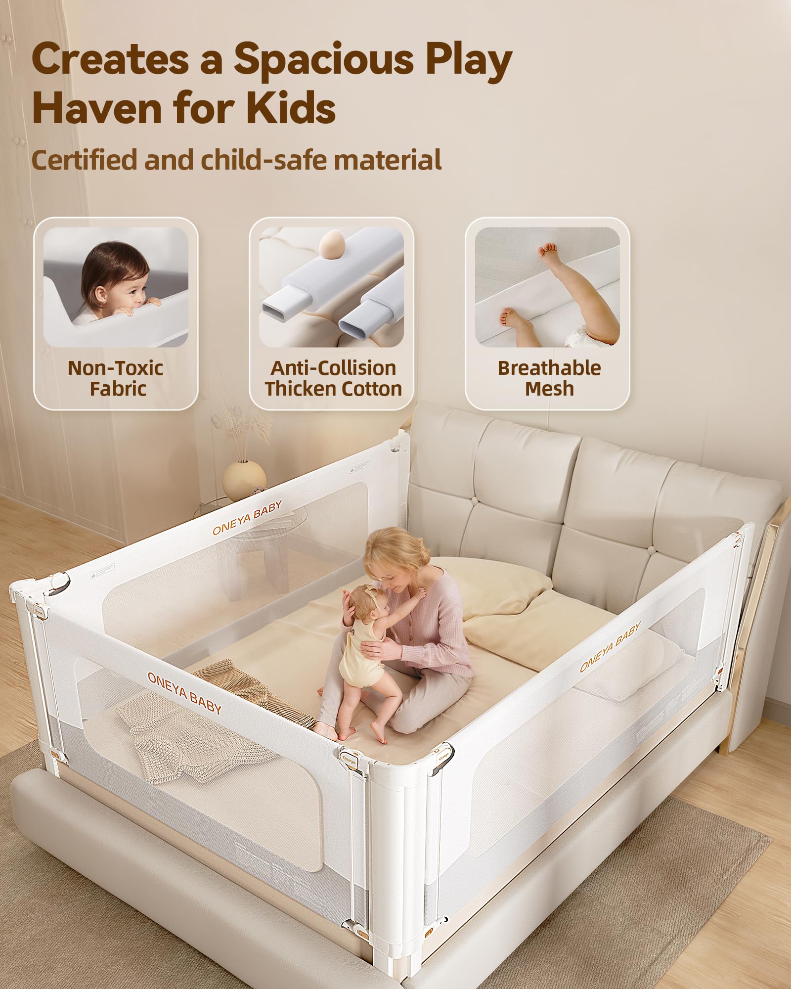 ONEYA BABY king-size fit covers 74.8 x 78.7 inch beds with secure alignment.