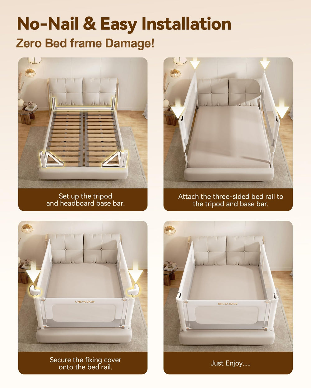 ONEYA BABY bed rails with nail-free installation protects your existing bed frame.