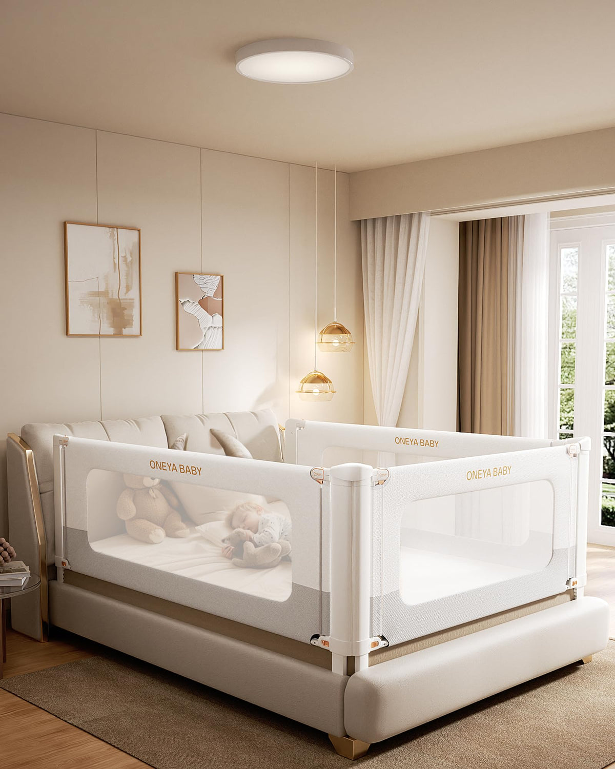 ONEYA BABY bed rails assembly demonstrates quick, tool-free setup for a toddler bed.