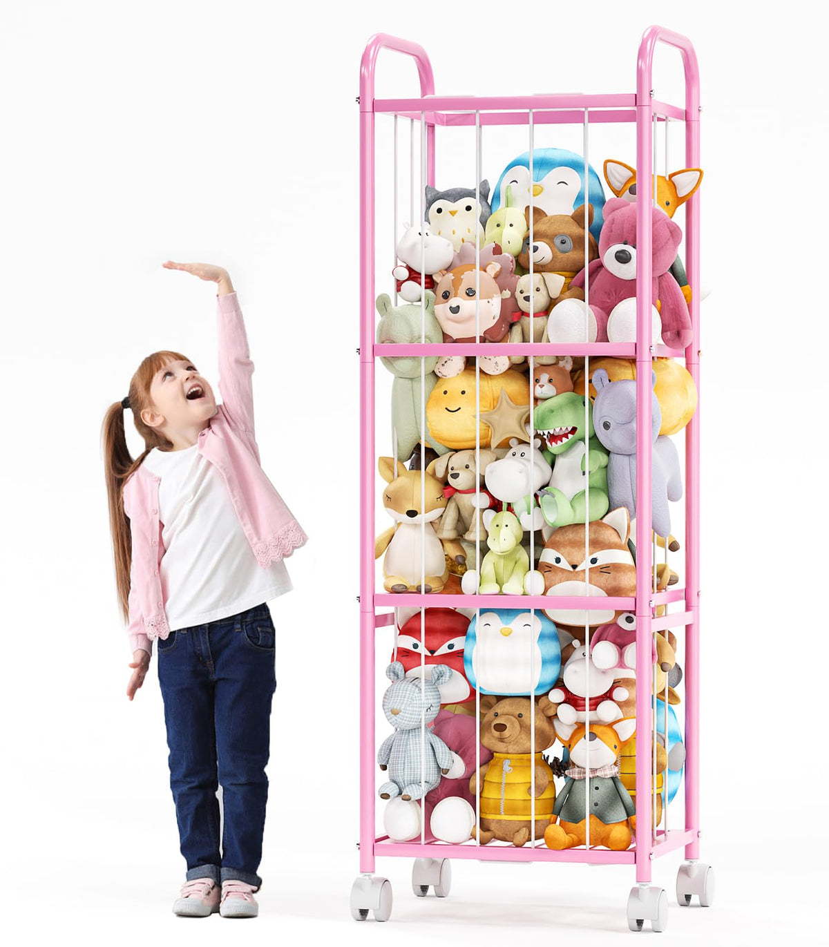 Oneyus Zoo Cage storage side view showing easy access and 50+ plush toy capacity.