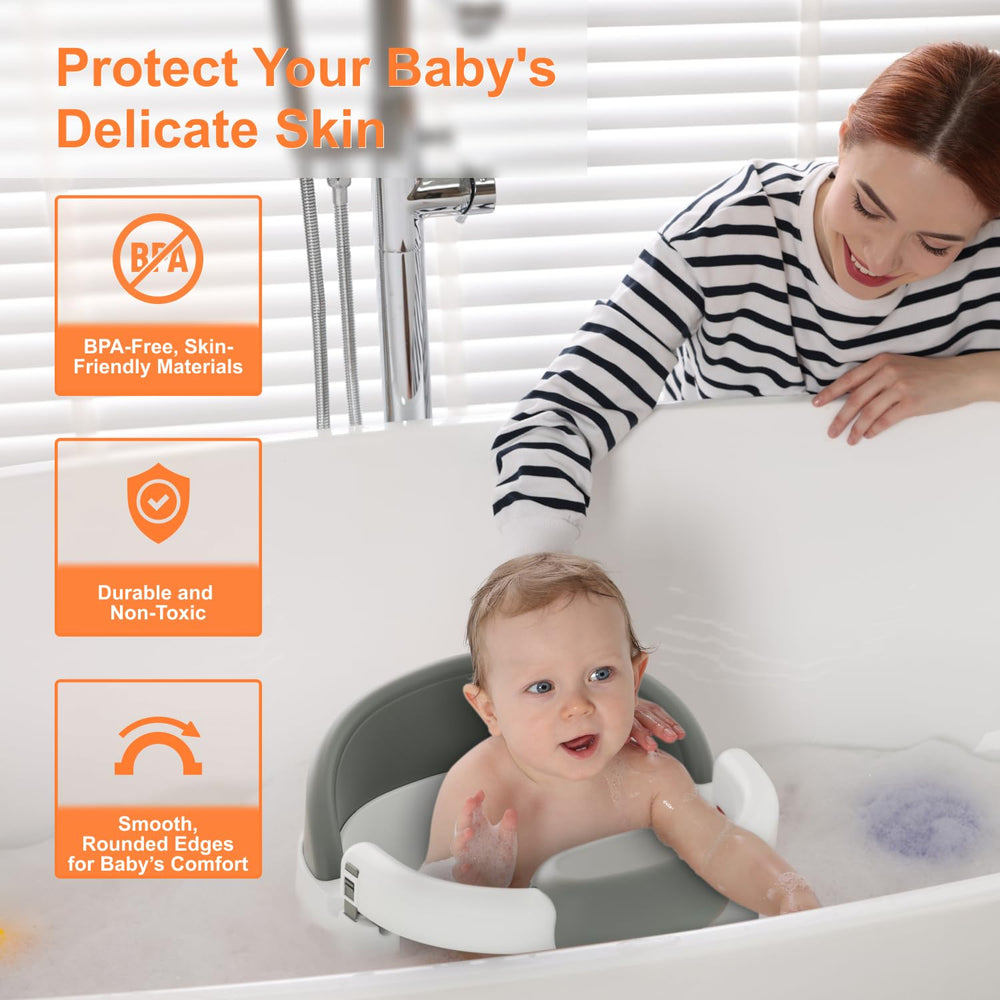 Onthewei baby bath seat features ergonomic contour for comfortable bathing posture.