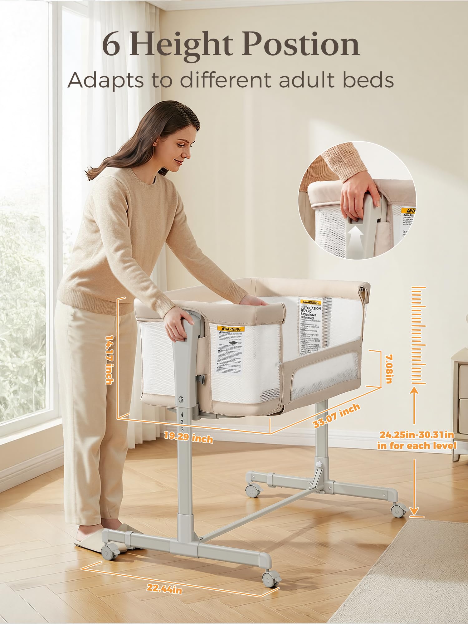 ONTHEWEI bedside sleeper with zippered side access for easy night feeding.