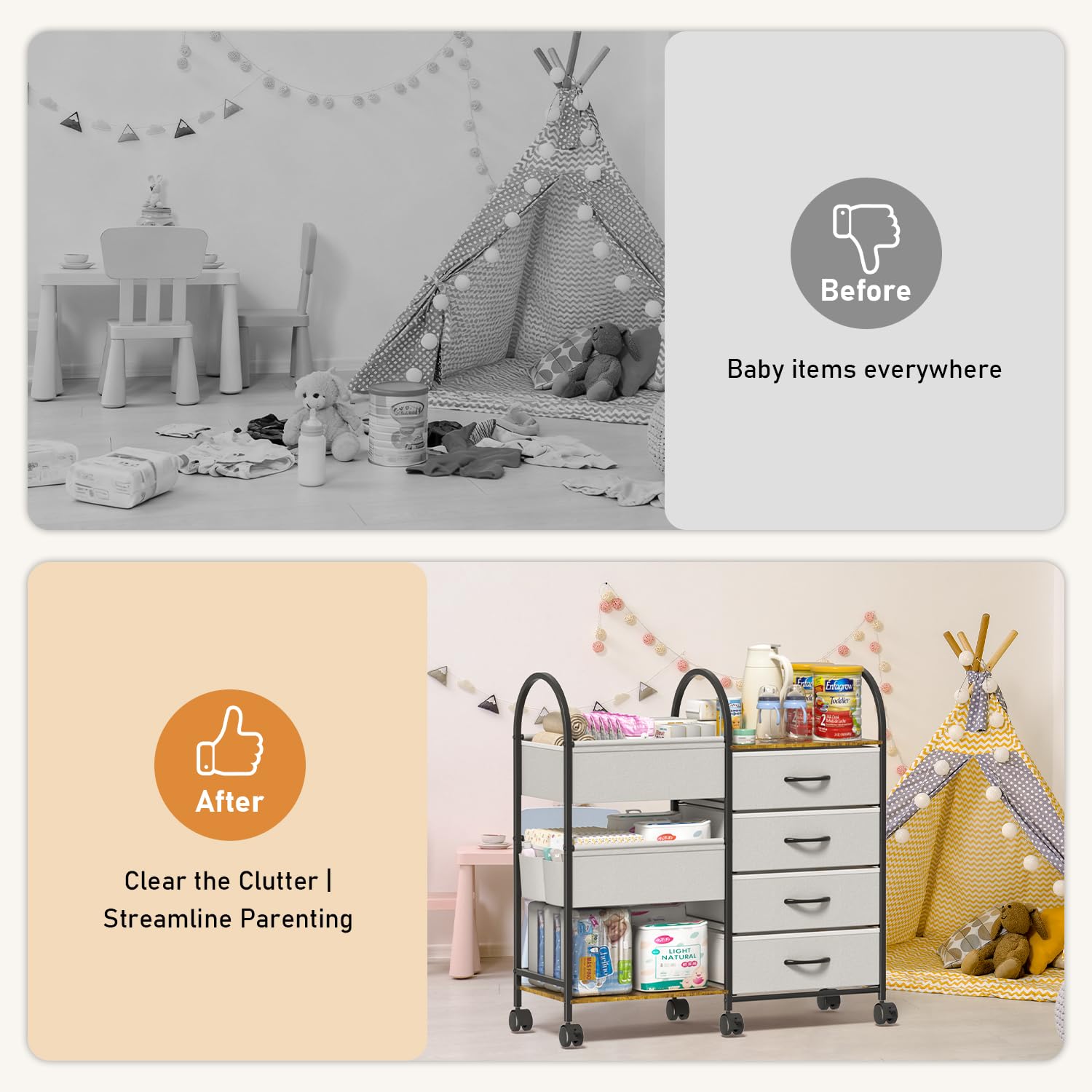 ONWAYHOME diaper cart fabric drawers offer quick access to essentials