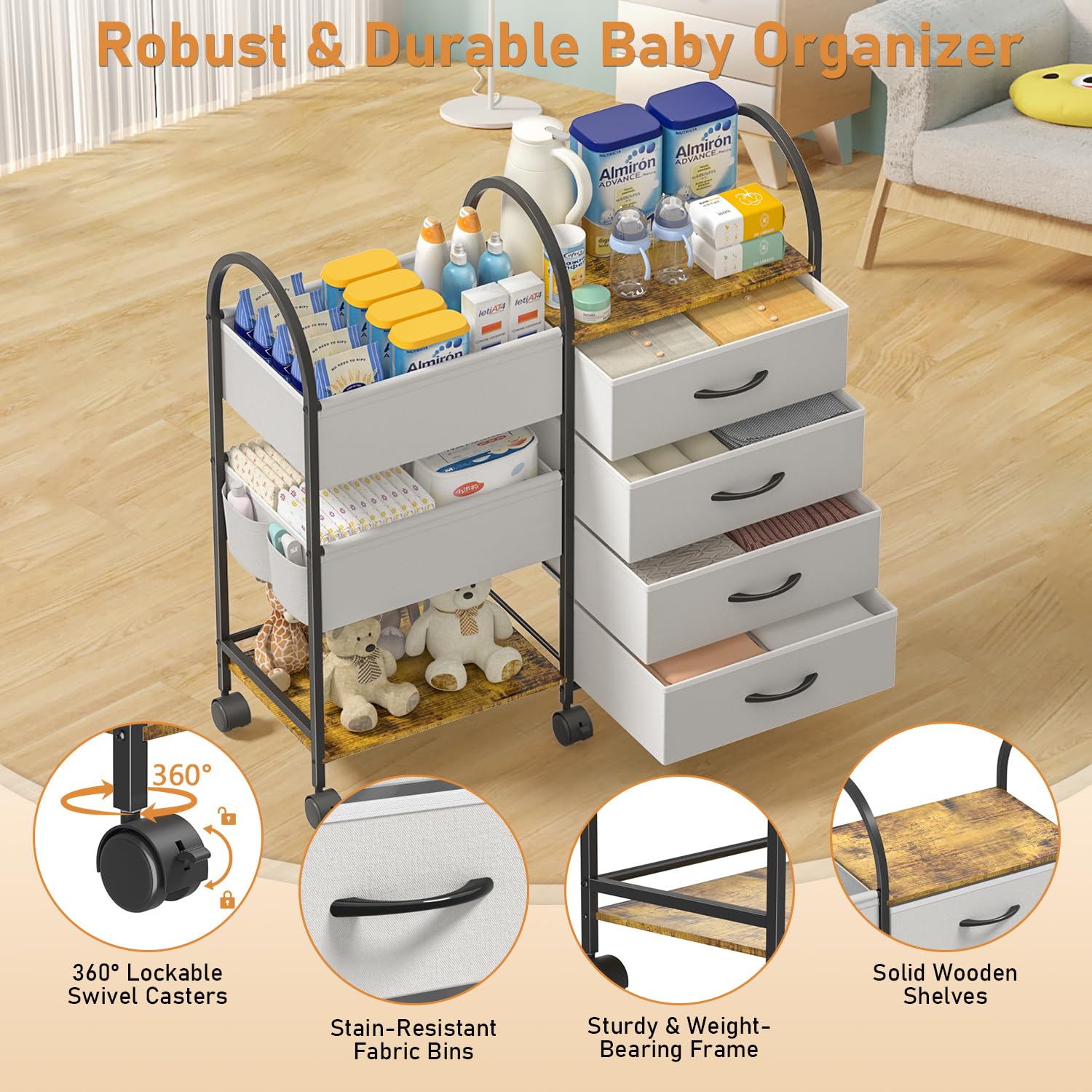 ONWAYHOME nursery storage cart adapts to store toys, books and baby supplies